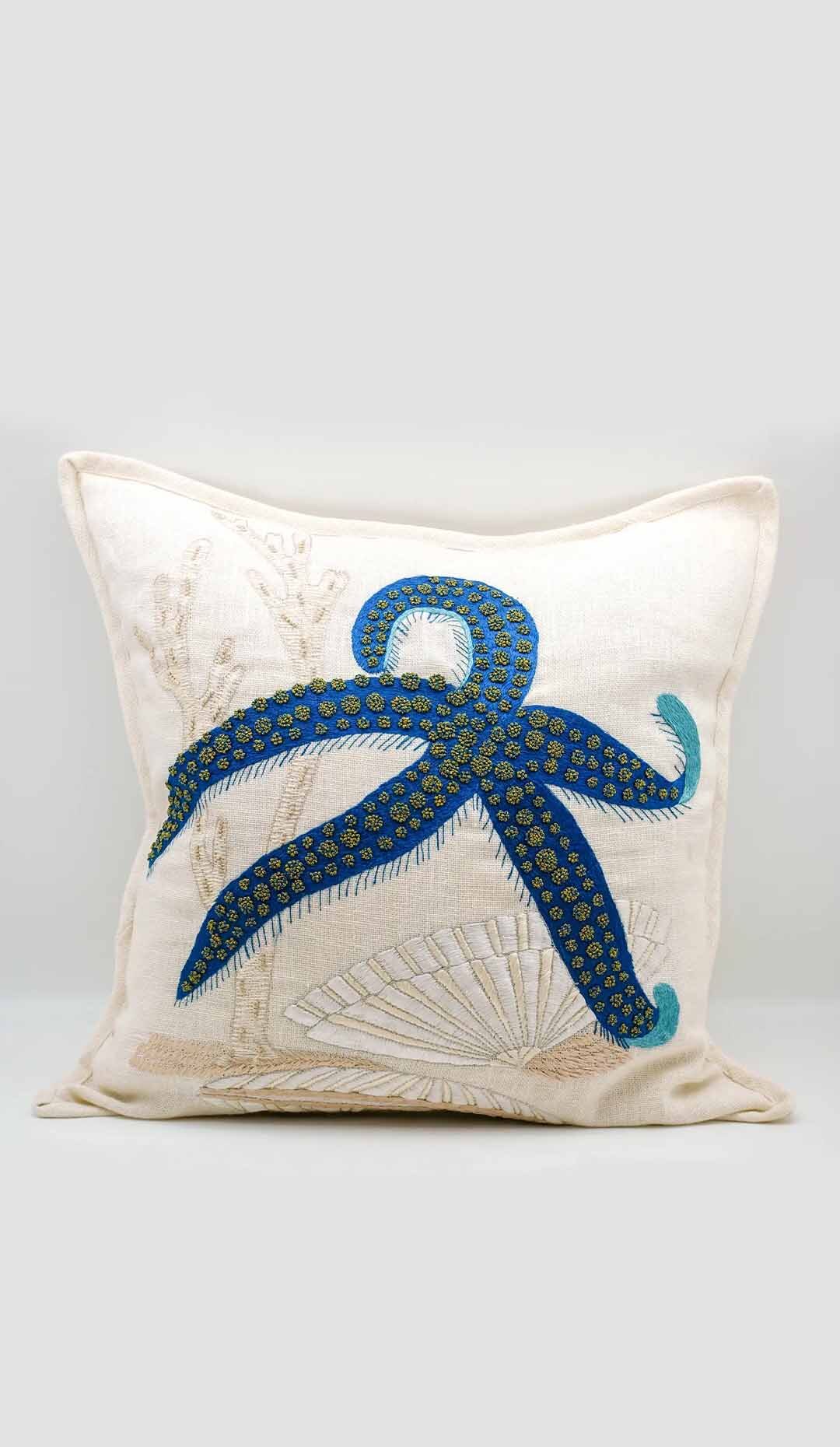 Embroidered Linen Starfish Pillow Cover