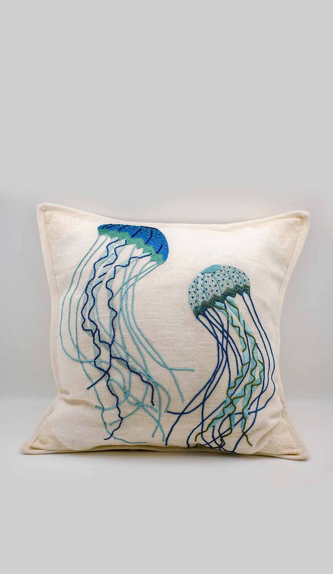 Embroidered Linen Jellyfish Pillow Cover