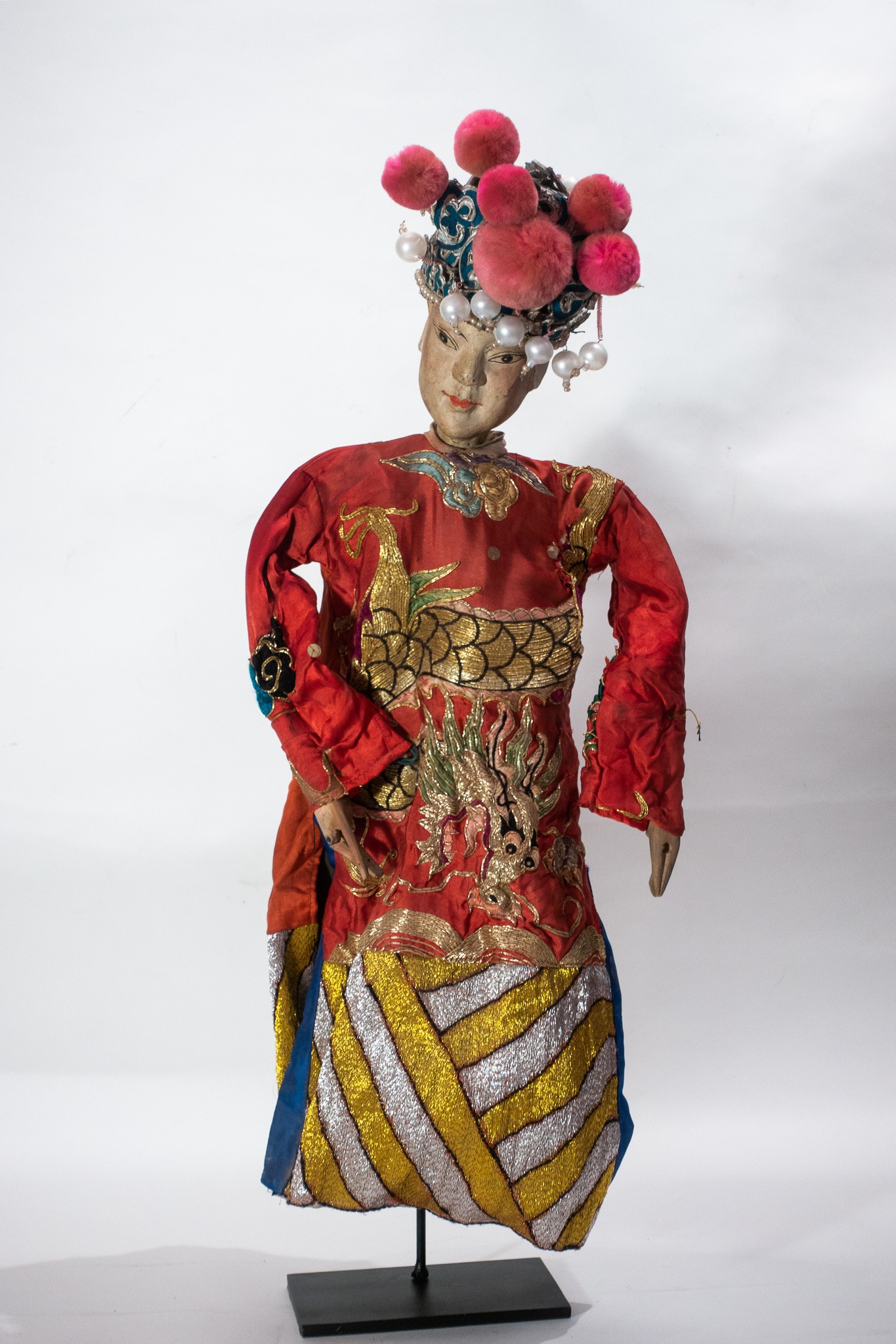 Chinese Opera Theatre Marionette, Red Silk Robe, Pink Pom Poms