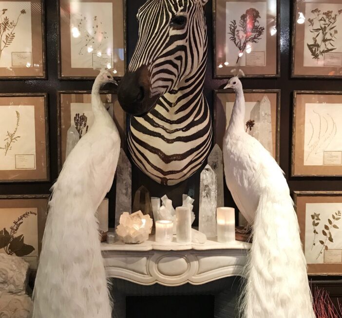Fireplace with Zebra above, two white peacocks and white minerals sitting between.