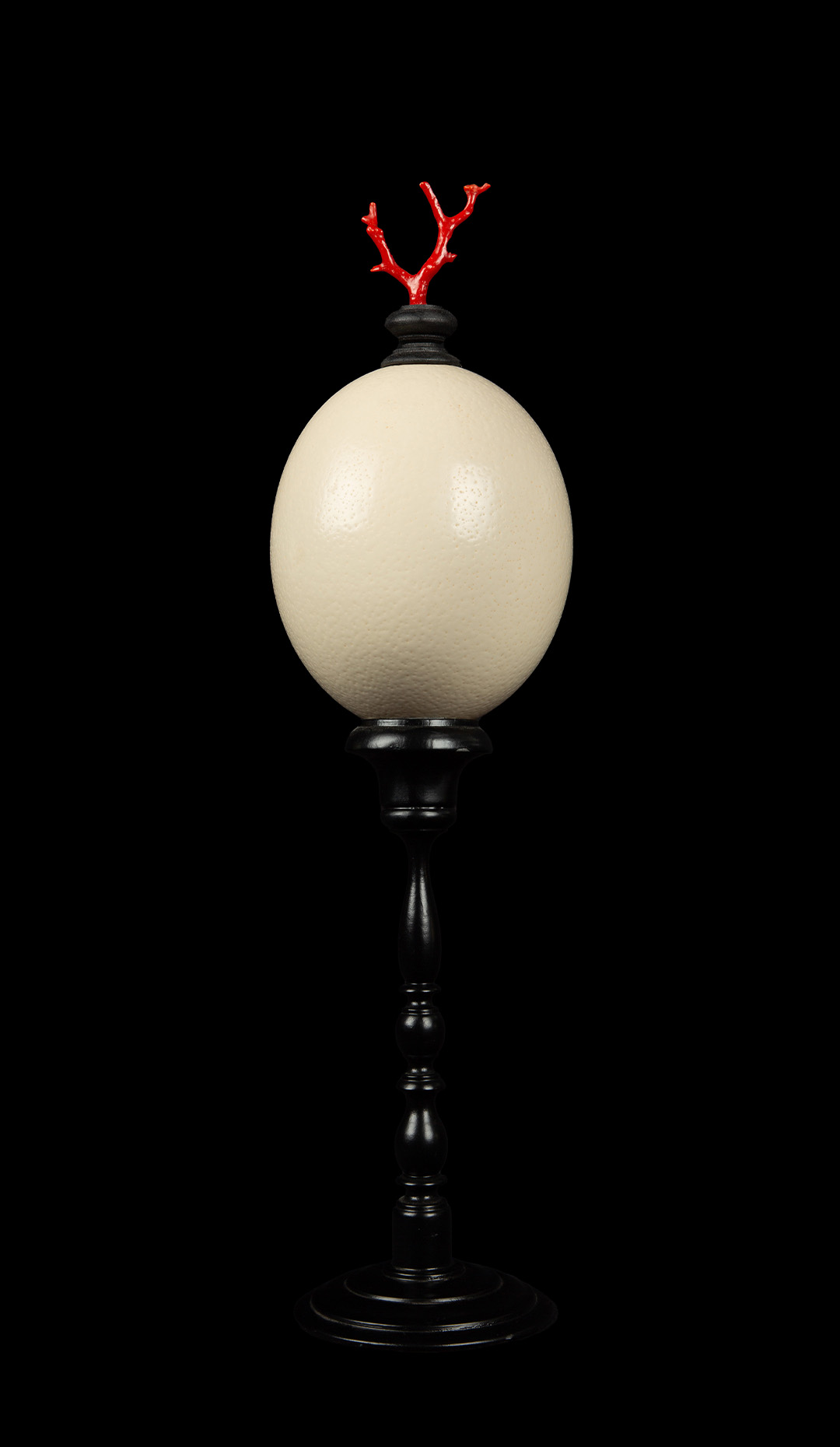 Mounted Ostrich Egg, Tall with Coral Finial, 18.5″ H