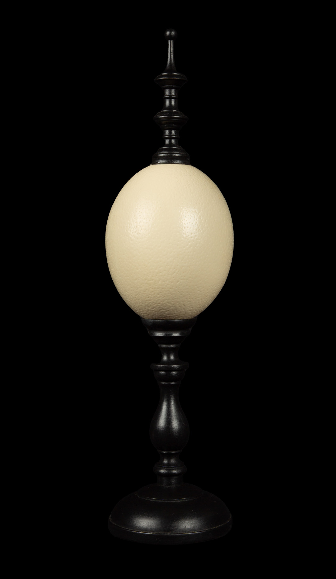 Mounted Ostrich Egg, Tall w/ Tall Wood Finial, 18.25″ H