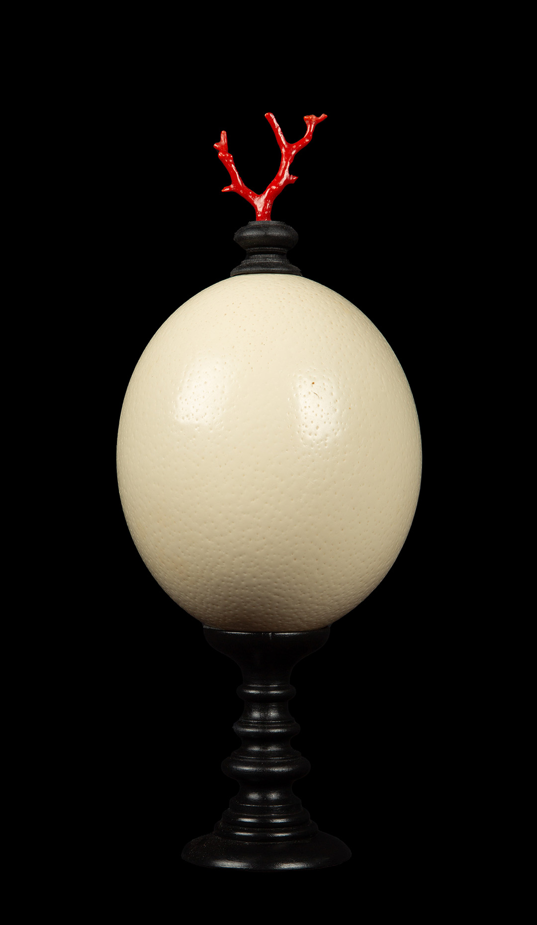 Mounted Ostrich Egg, Small with Coral Finial, 11.5″ H