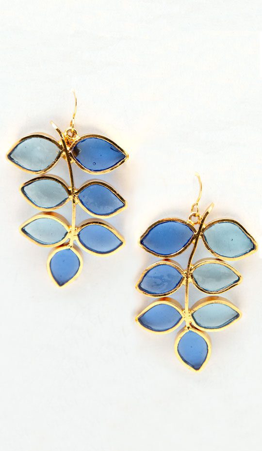 Blue Leaf Gold Hook Earring