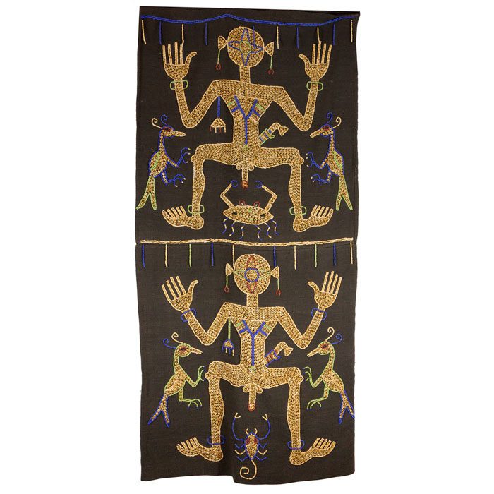 Shell Embroidered Fabric Wall Hanging with figures of men with birds and scorpions.