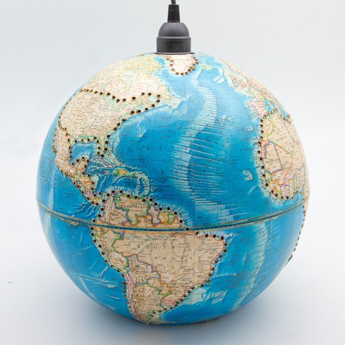 Blue Spherical Globe with yellow map. Black knob on top for cord