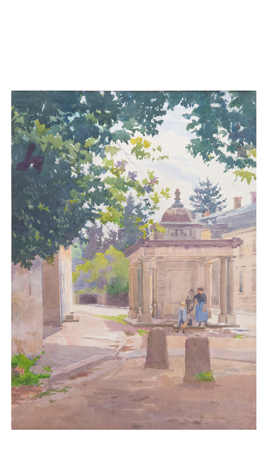 Paul Gregoire Watercolor of Adult and Child Collecting Water