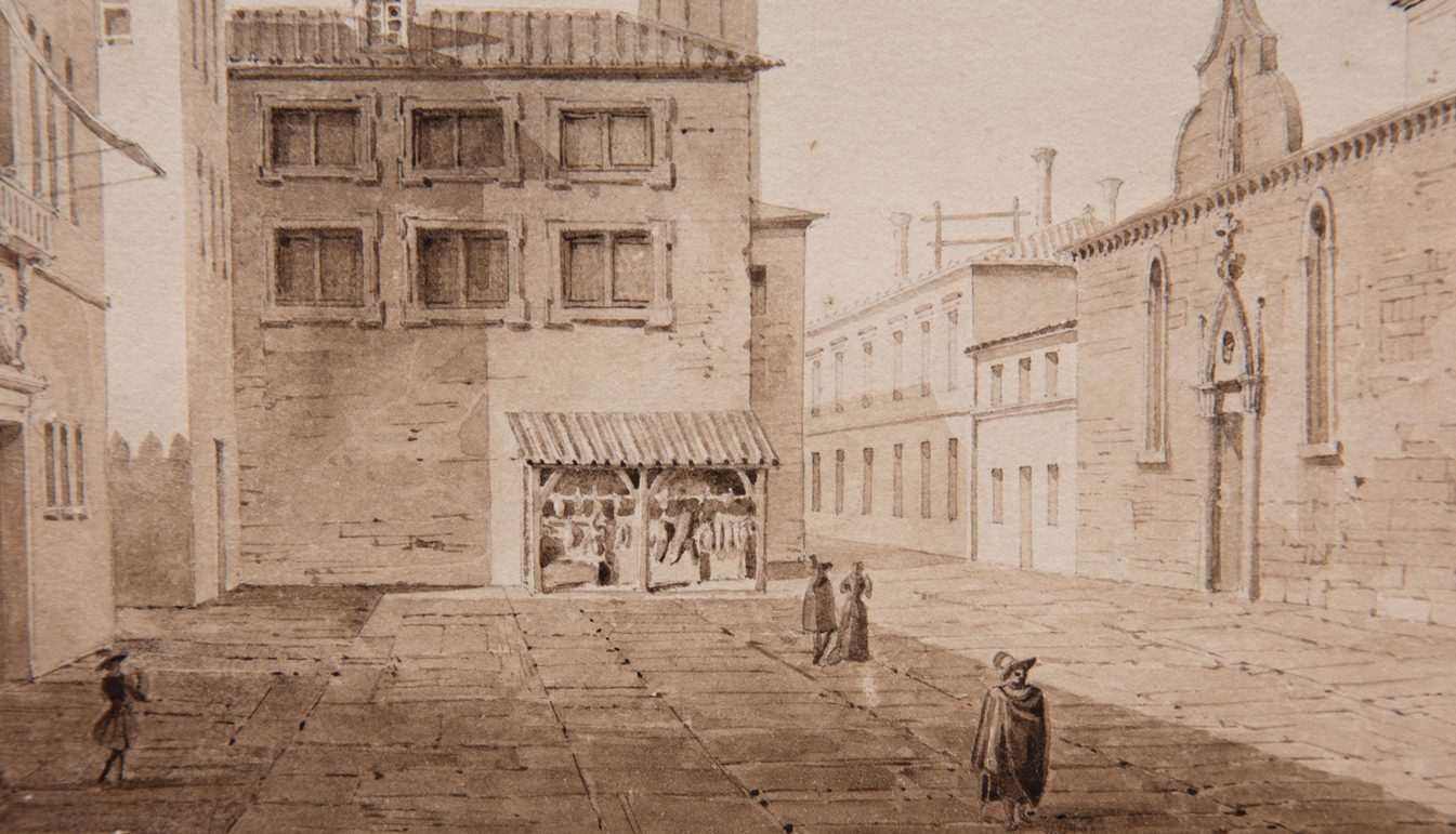 Monochrome Watercolor of Venice. Pictured are Buildings with nondescript people walking between.