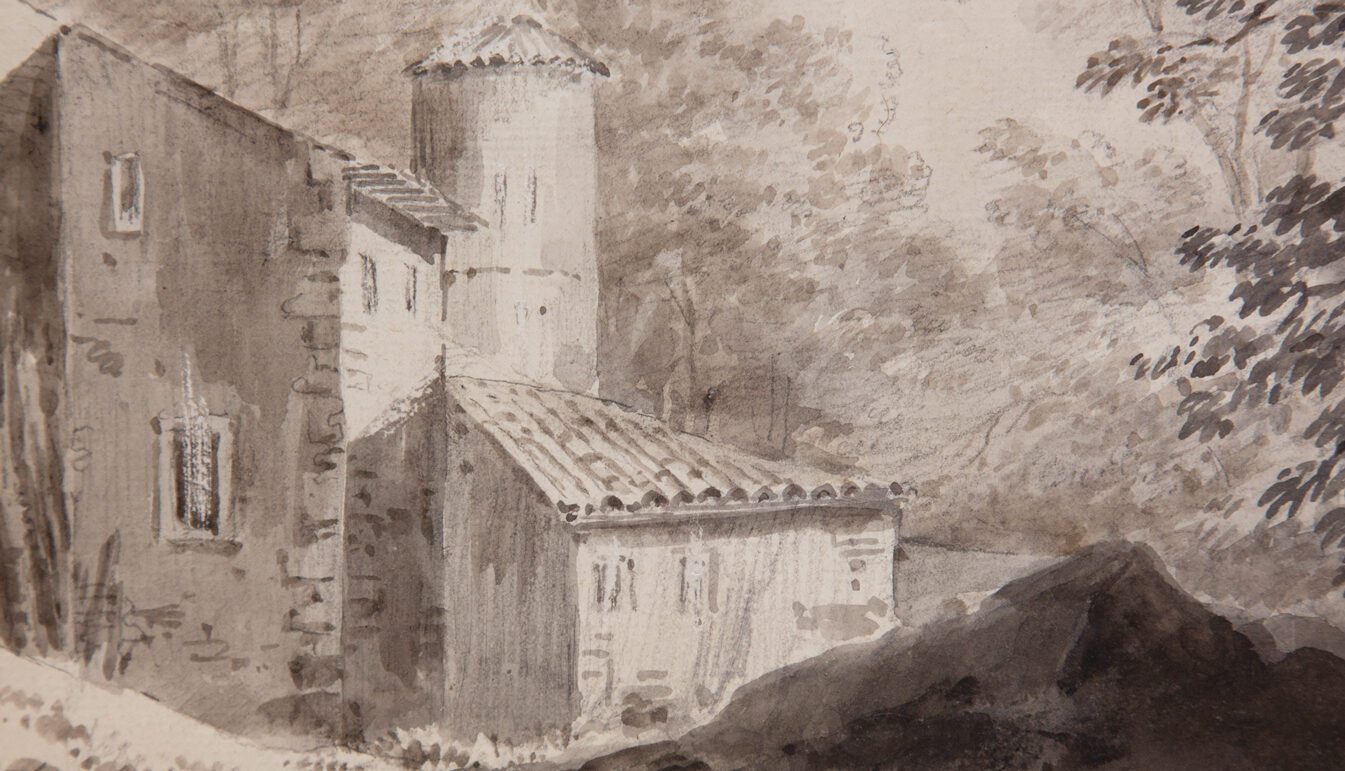 zoom on an 18th century Watercolor of Constantin d'Aix representing a barn