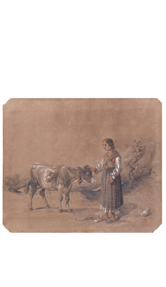 Antonie Sminck Pitloo Drawing of Young Woman with Cow