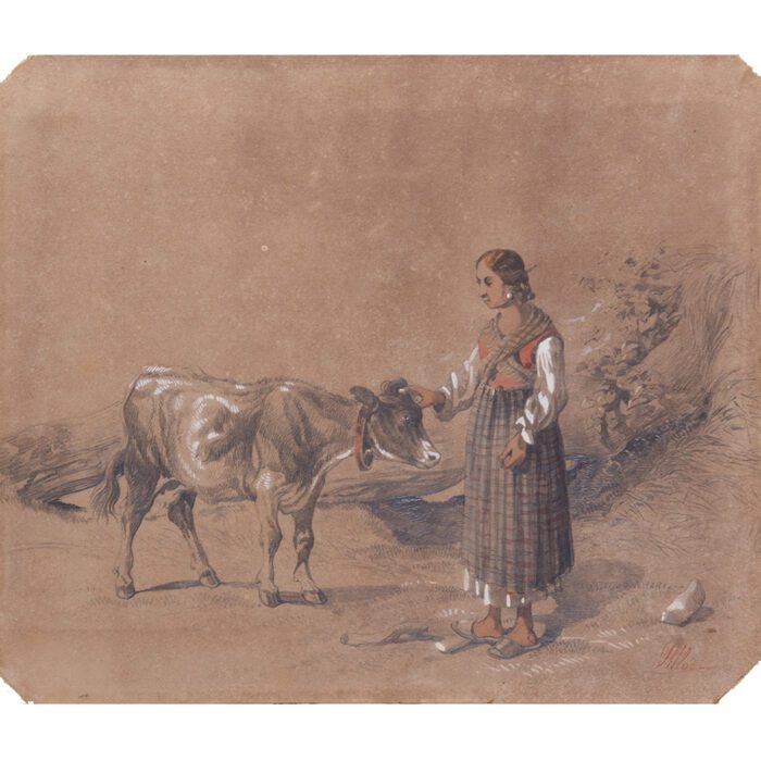 Antonie Sminck Pitloo Drawing of Young Woman with Cow