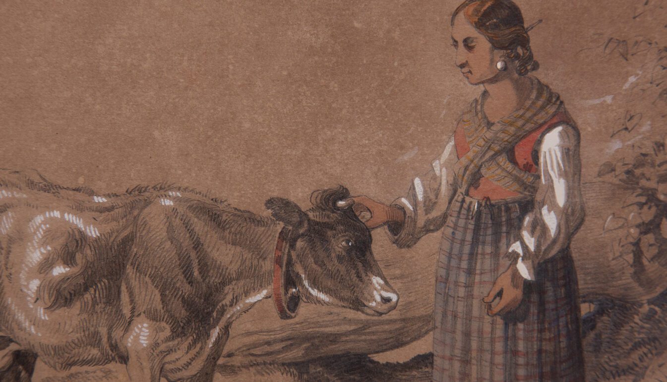 Zoom on a Antonie Sminck Pitloo Drawing of Young Woman with Cow