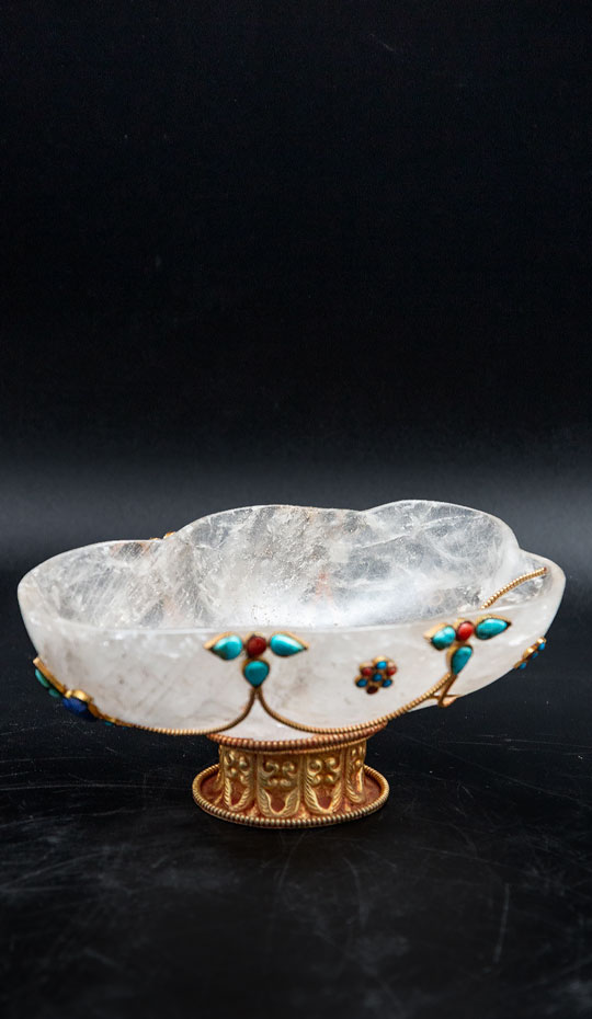 Rock Crystal Carved Footed Bowl with Turquoise and Coral