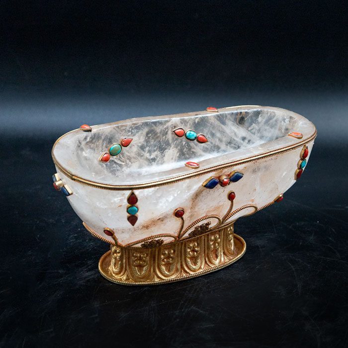 Rock Crystal Carved Footed Bowl with Turquoise and Coral.  Rock crystal carved bowl with applied stones of coral, turquoise, and lapis lazuli set in gilt metal.