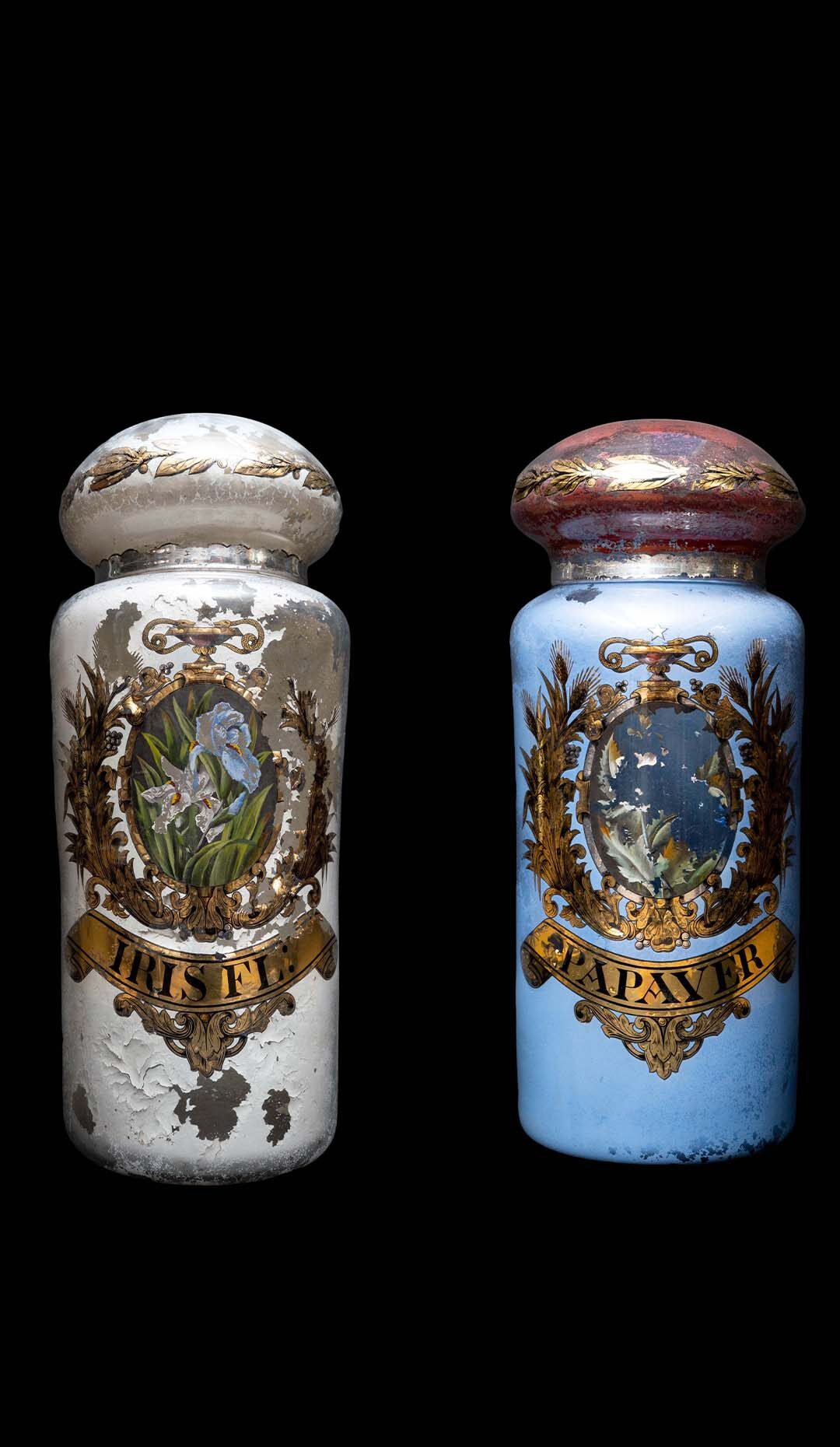 Pair of Grand 19th Century Franch Glass Eglomise Apothecary Jars with lids.