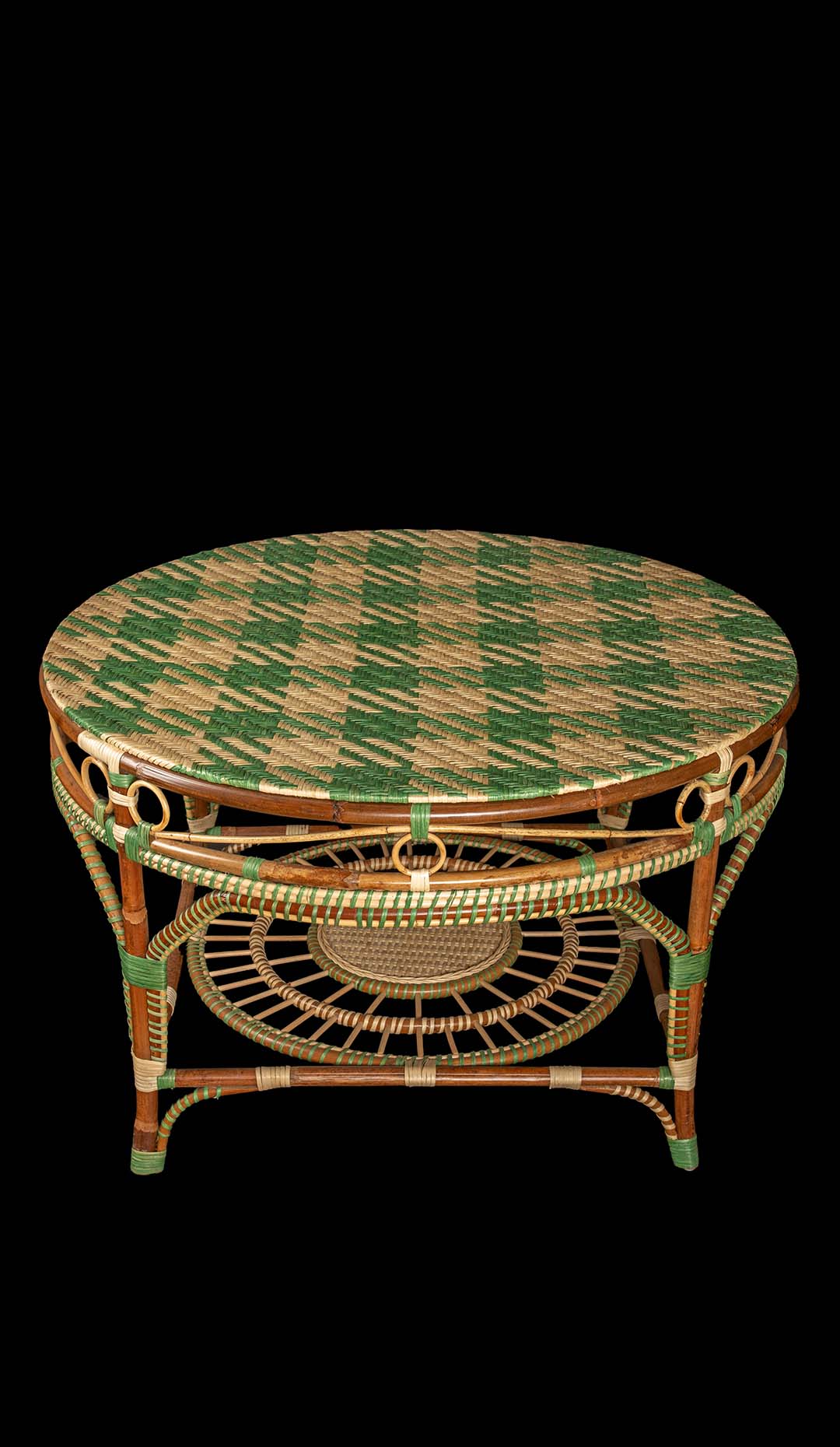 Rattan Houndstooth Center Table, Green and Cream by Creel and Gow