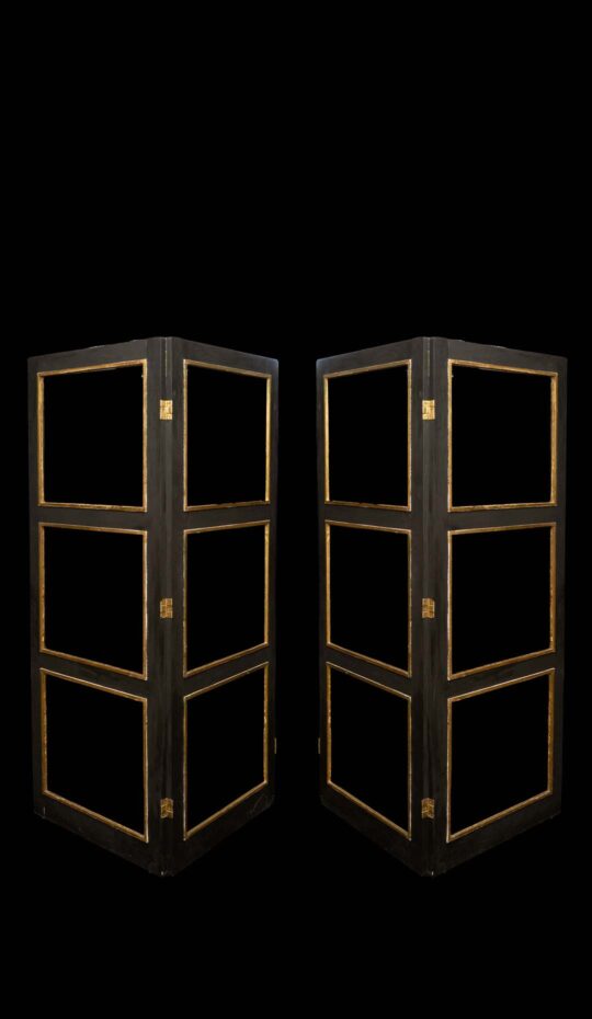 Pair of Large 1940's French Black and Gilt Screens (Paravent) with Glass Panels