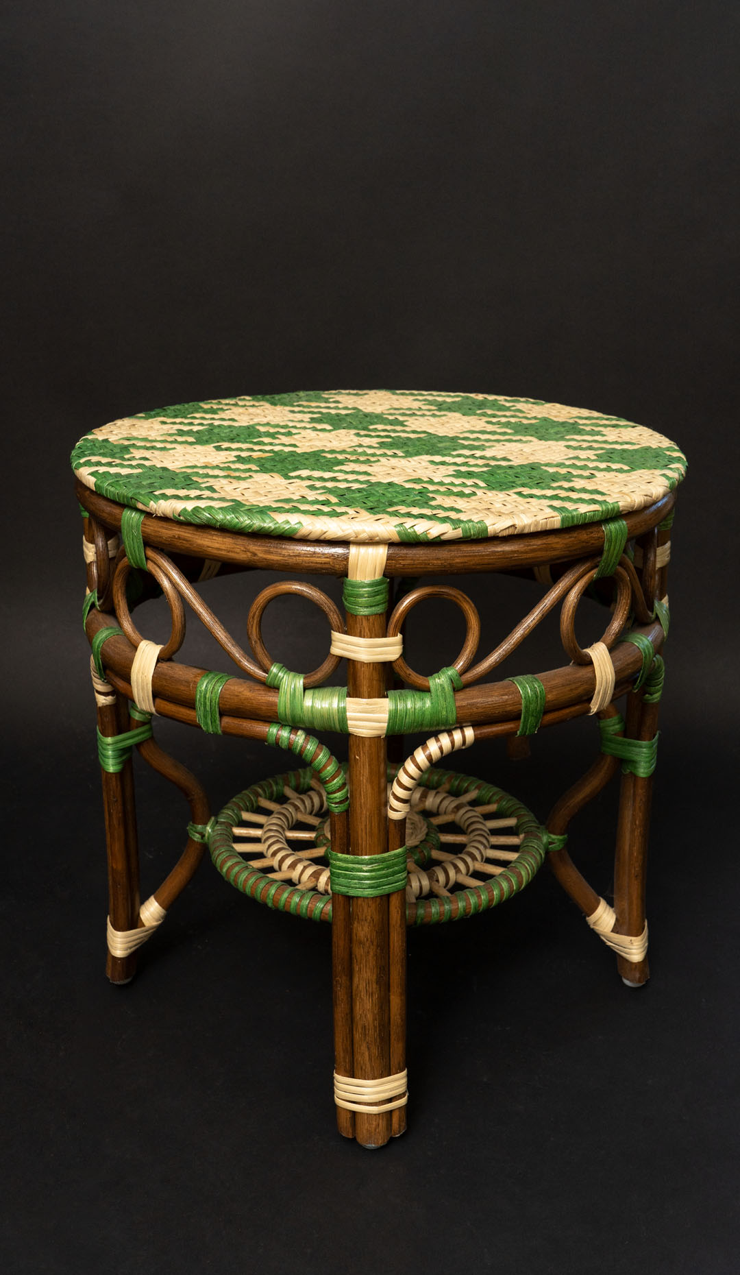 Green and Cream Rattan Houndstooth Side Table by Creel and Gow