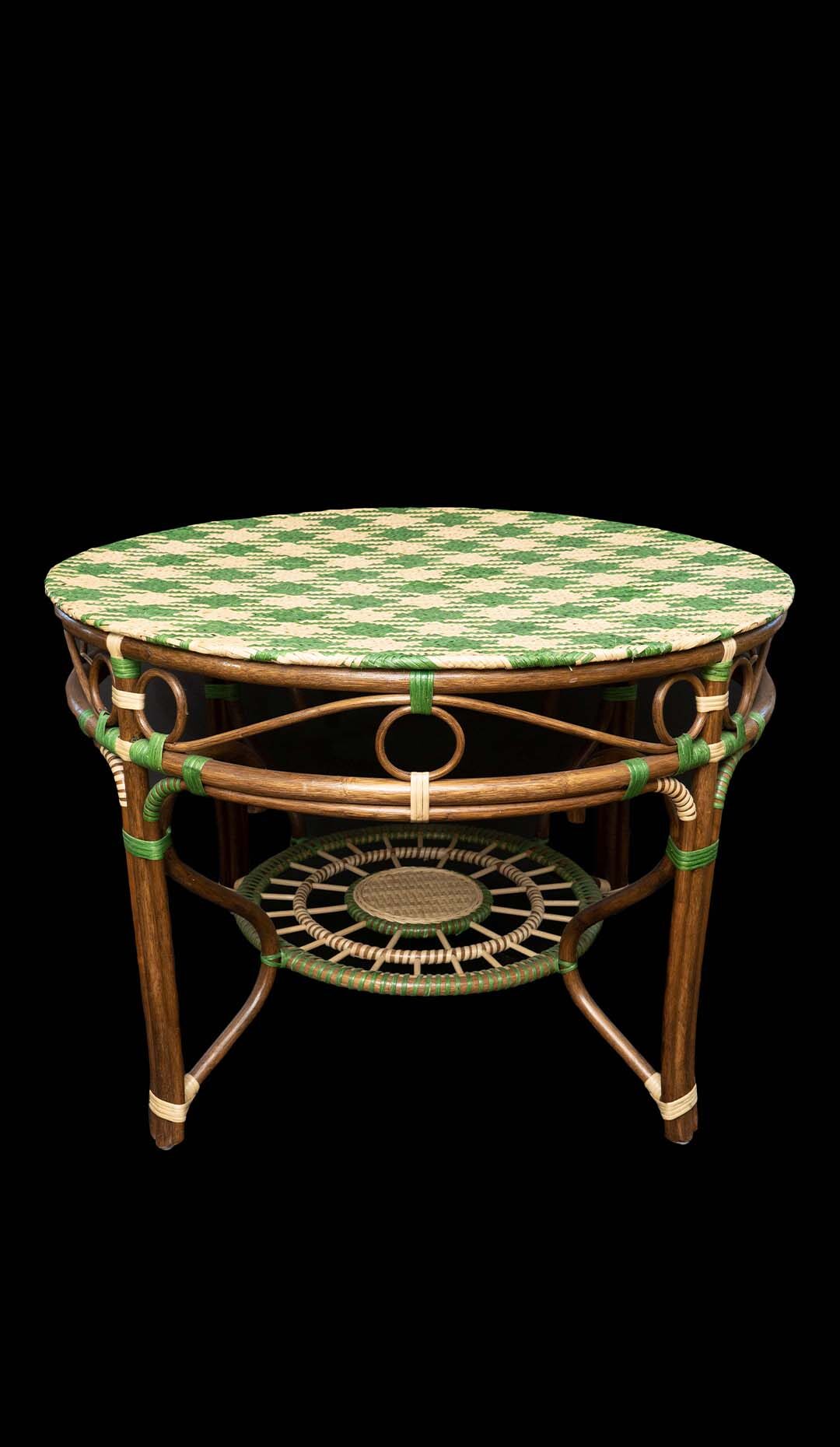 Creel and Gow Green and Cream Rattan Center Table with Hounds Tooth Top Design