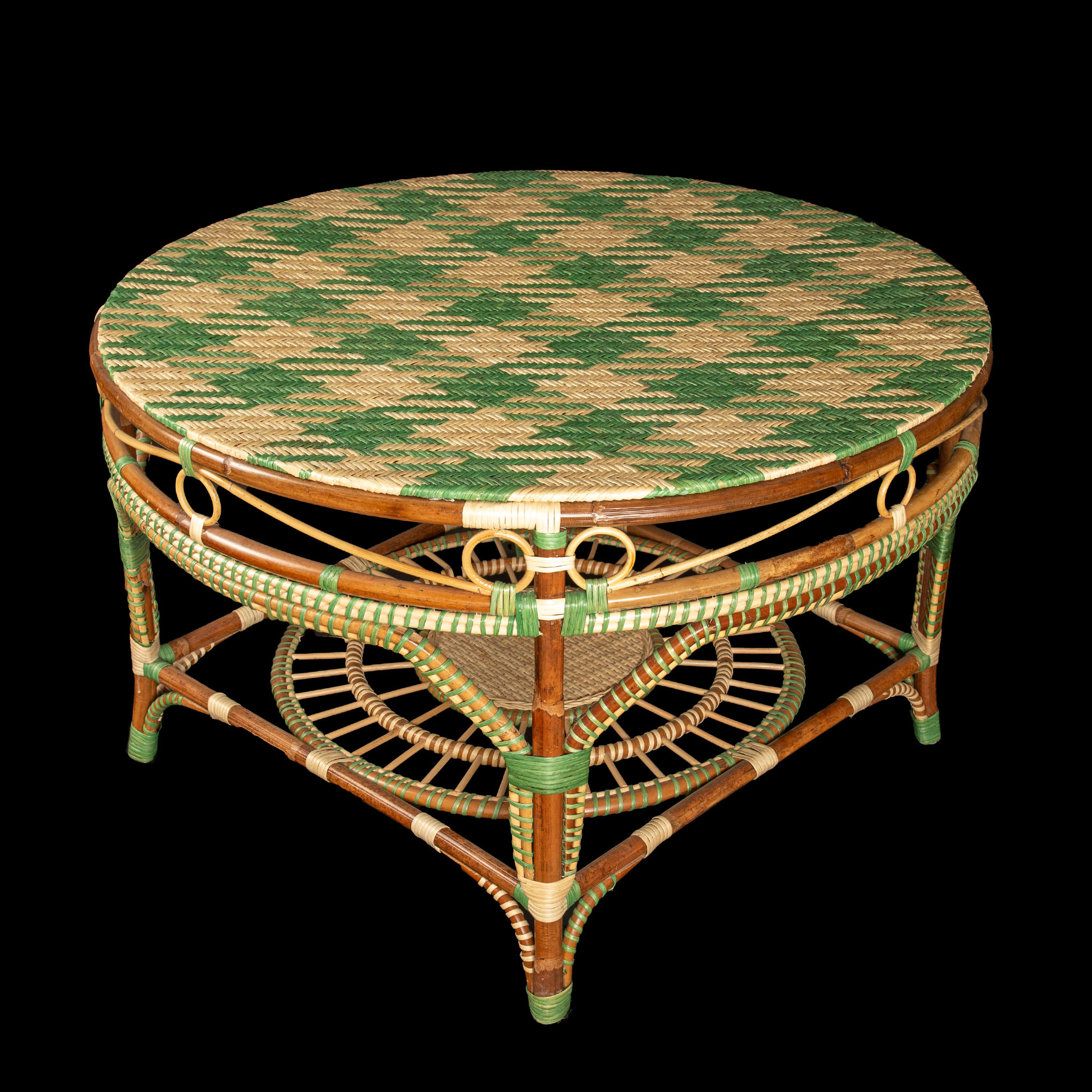 Rattan Houndstooth Center Table, Green and Cream by Creel and Gow