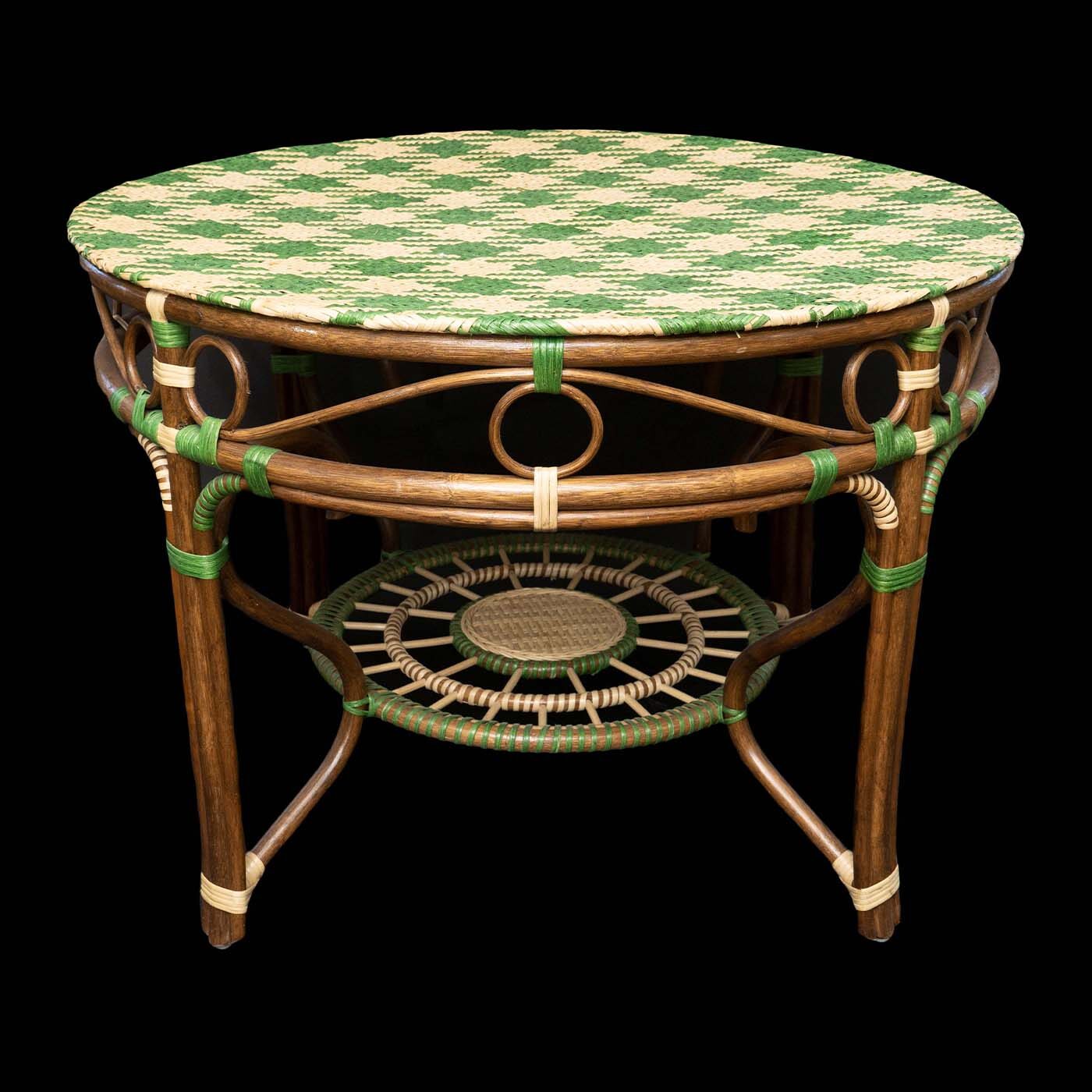 Creel and Gow Green and Cream Rattan Center Table with Hounds Tooth Top Design