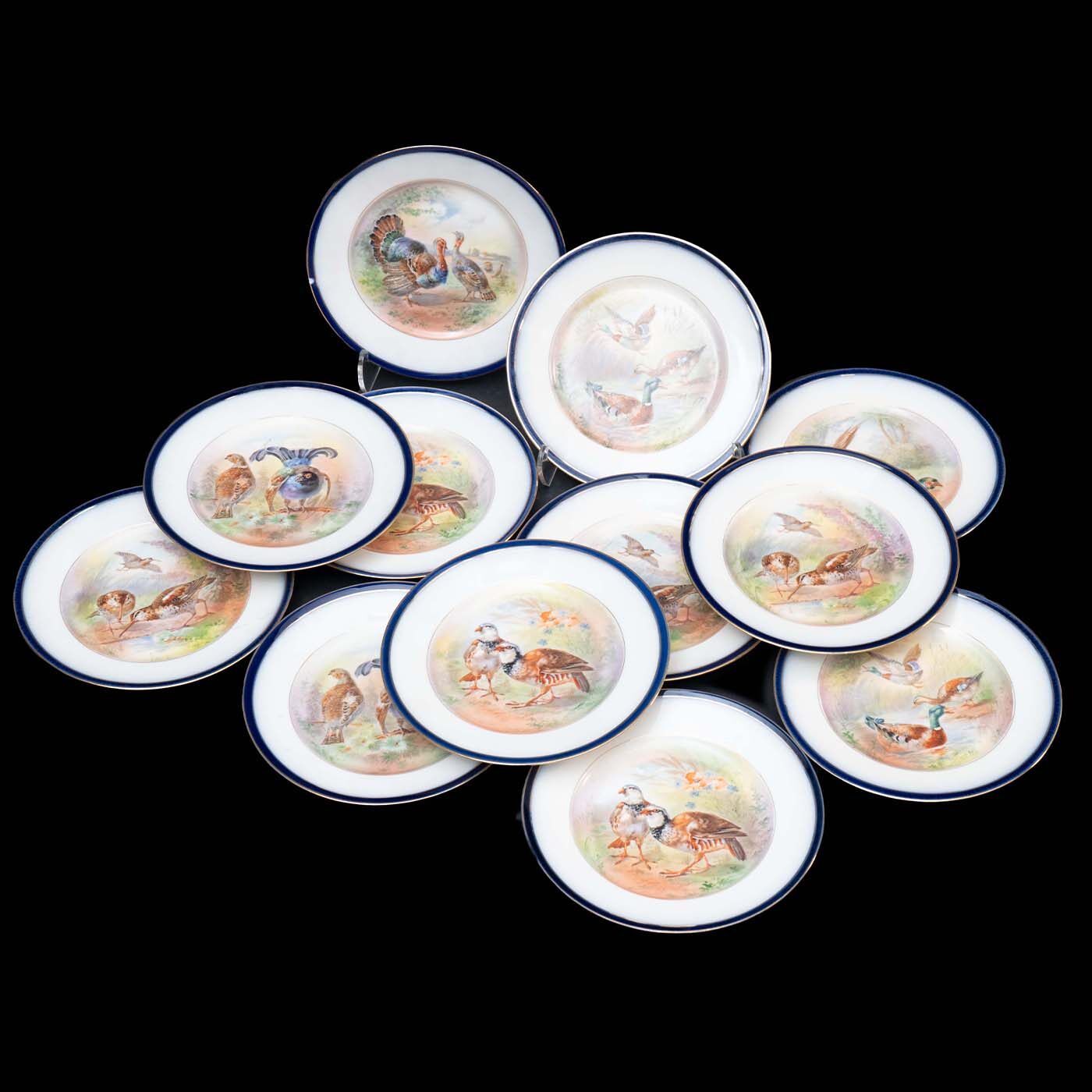Set of Gien Bird and Faux Bois Design Dessert Plates w/ Serving Platter