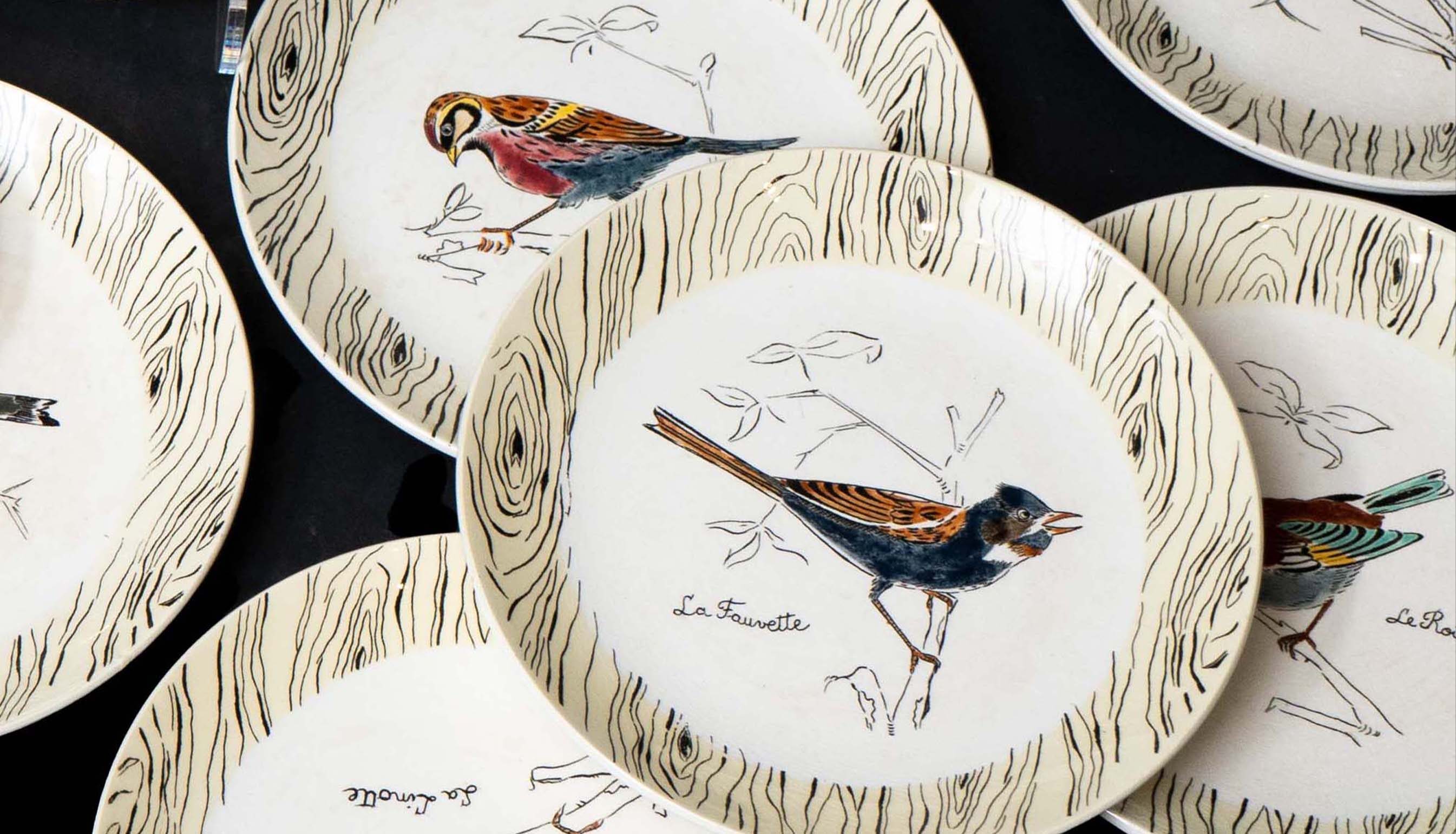 Set of Gien Bird and Faux Bois Design Dessert Plates w/ Serving Platter