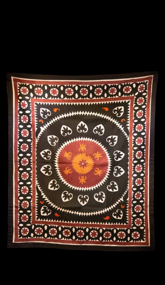 Handmade Vintage Cotton Suzani, Charcoal, Orange, and Red