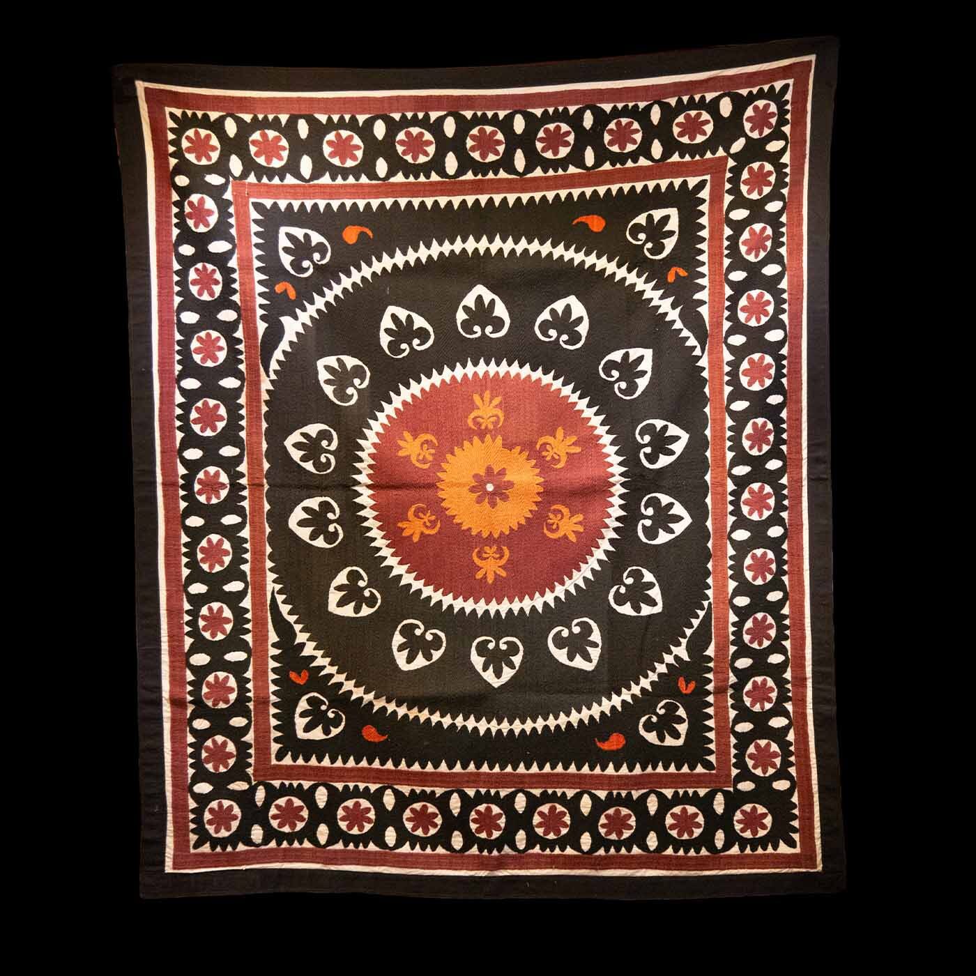 Handmade Vintage Cotton Suzani, Charcoal, Orange, and Red
