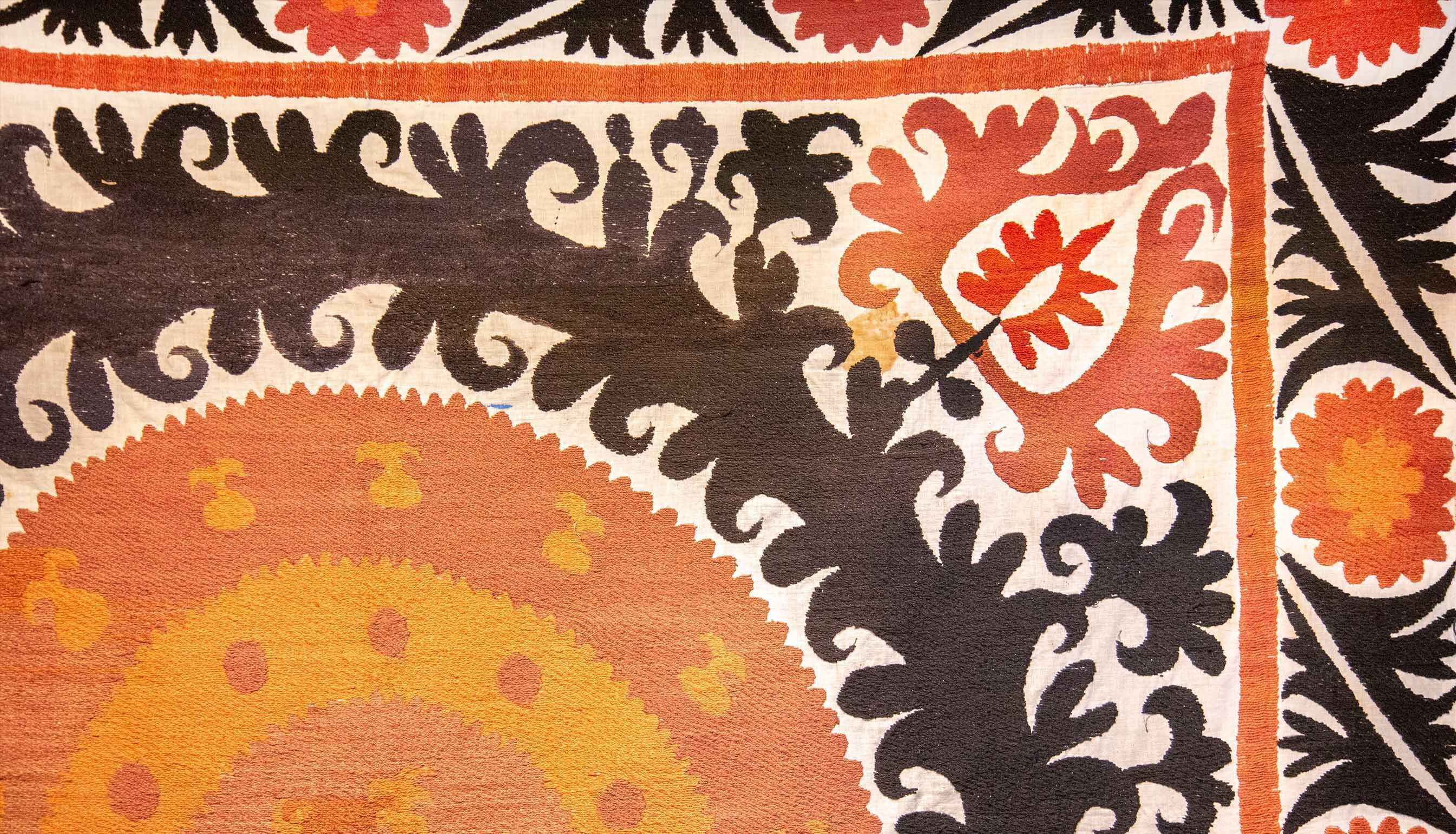 Handmade Vintage Cotton Suzani, Orange, Charcoal, and Red