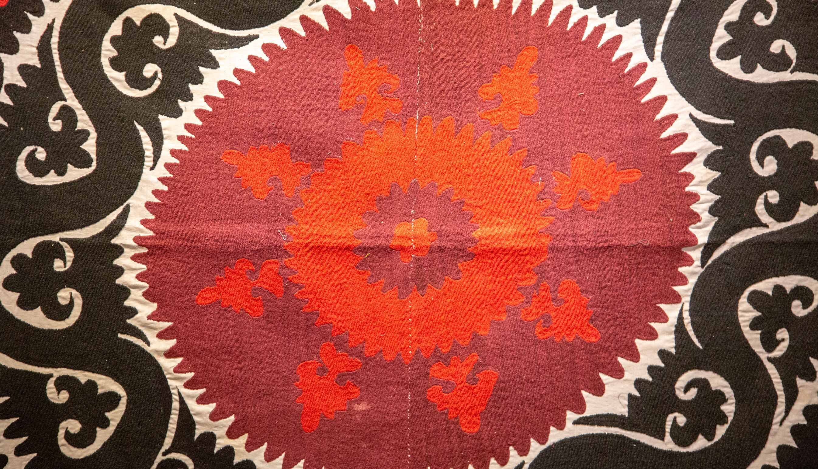 Handmade Vintage Cotton Suzani, Red, and Charcoal