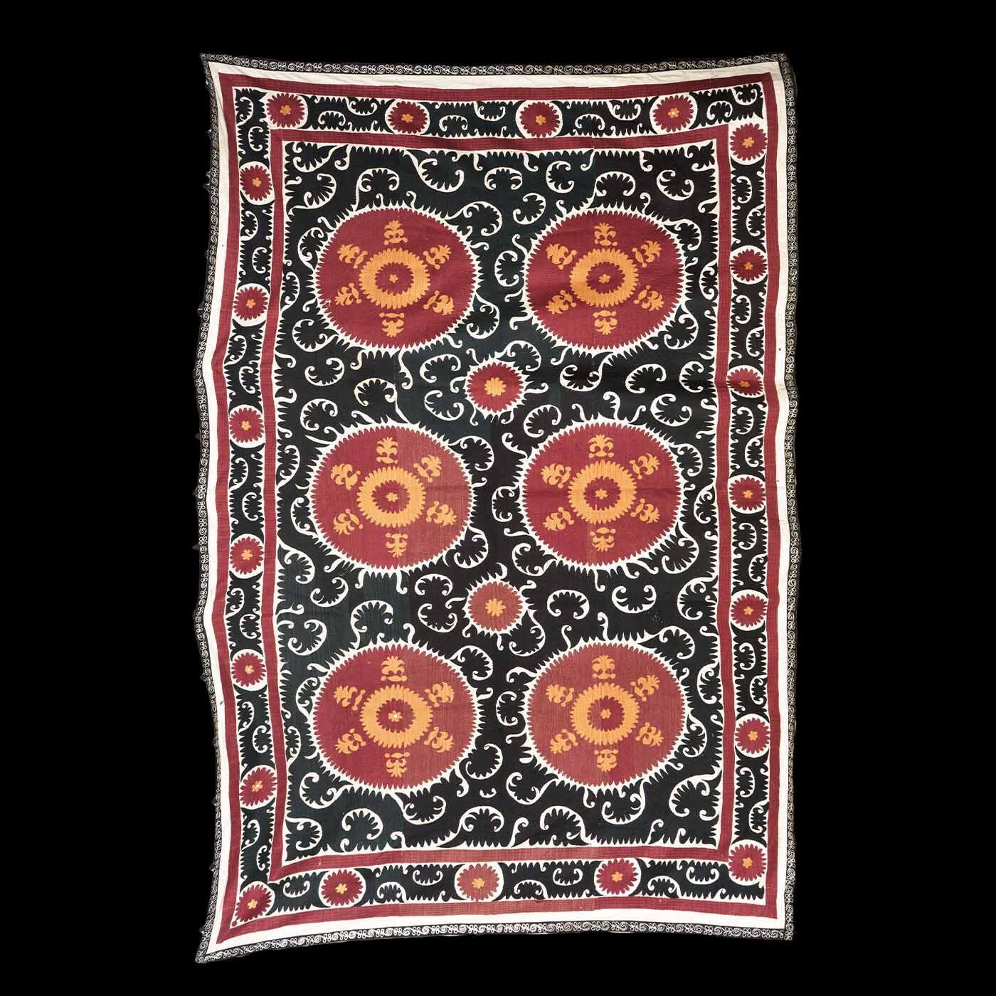 Handmade Vintage Cotton Suzani, Black and Red
