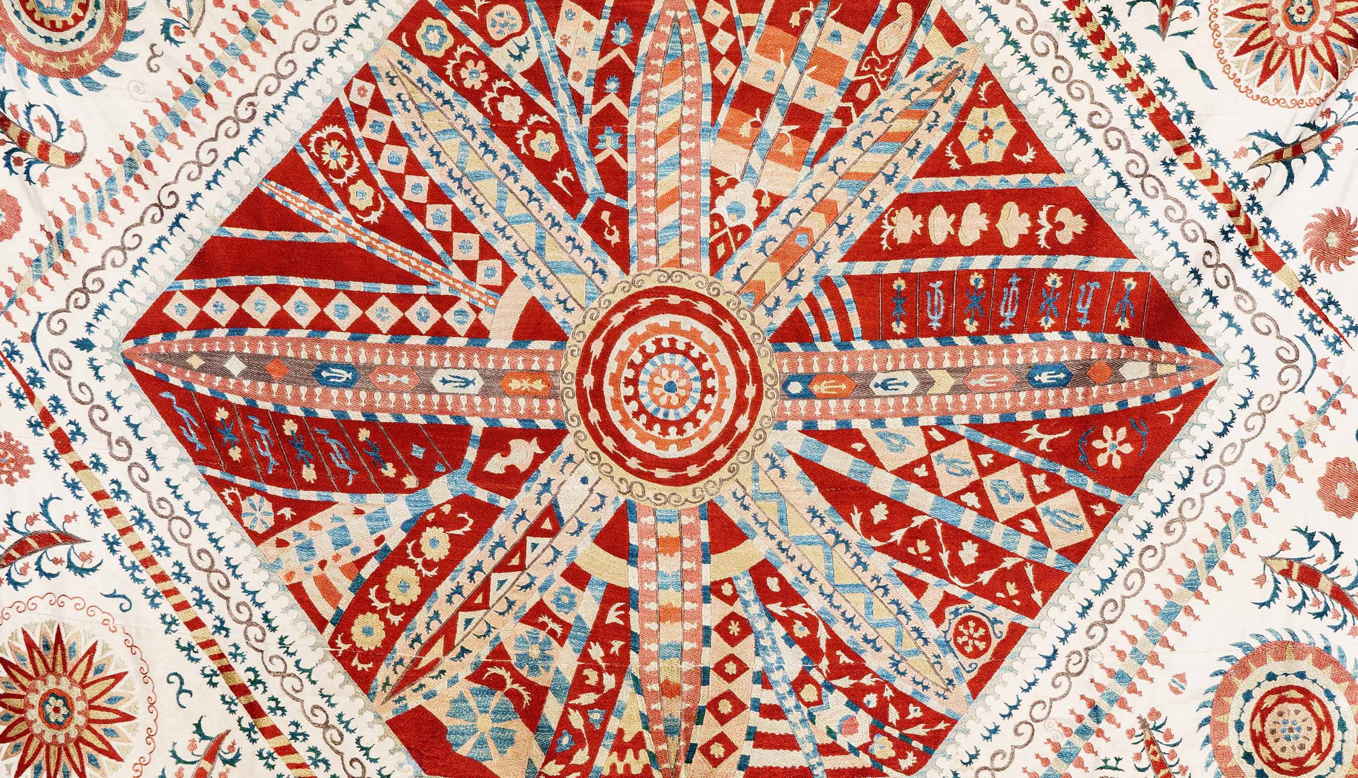 Handmade Vintage Cotton Suzani, Multi-Color Silk
