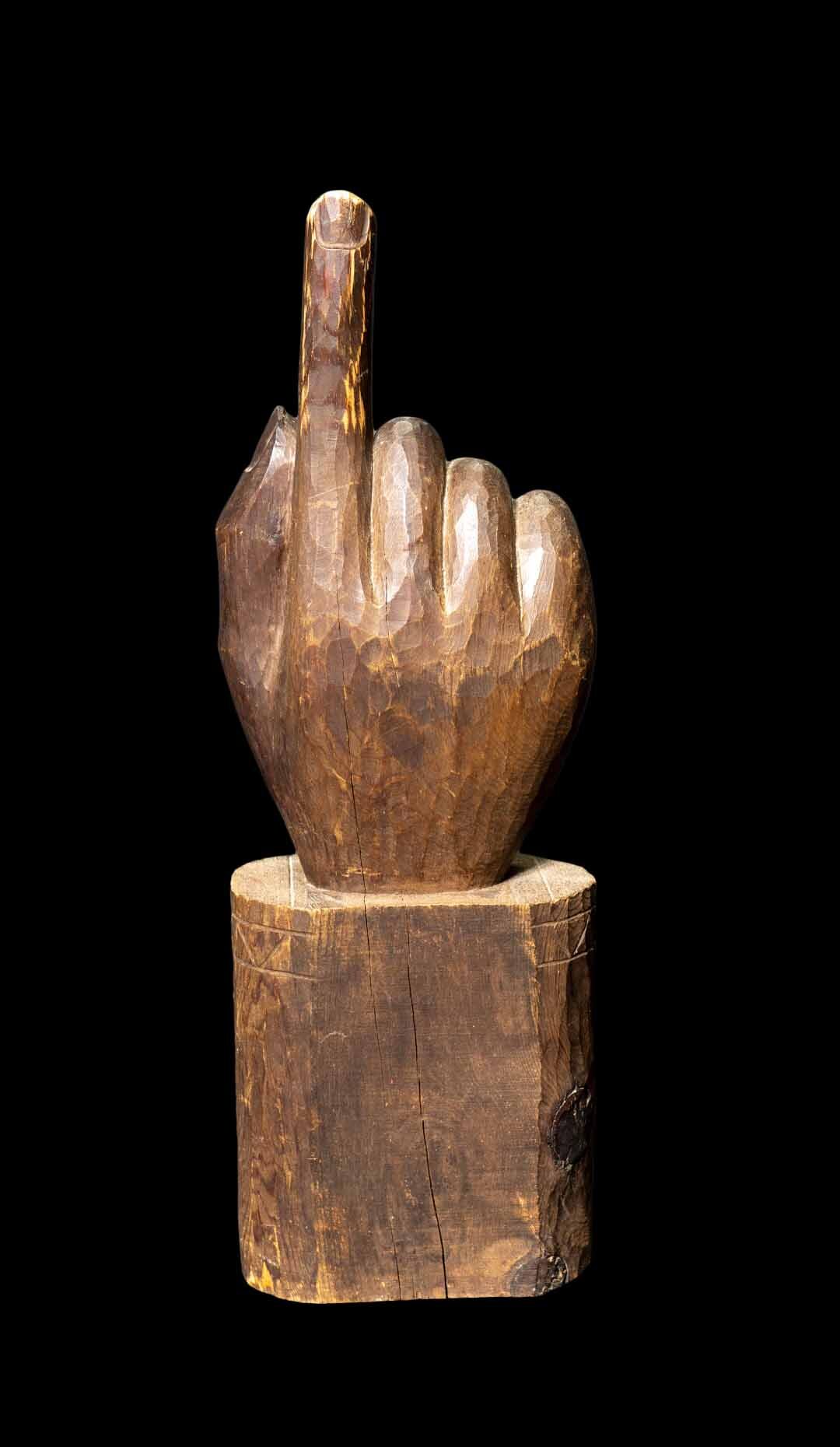 Folk Art Carved Hand W/ Finger Up