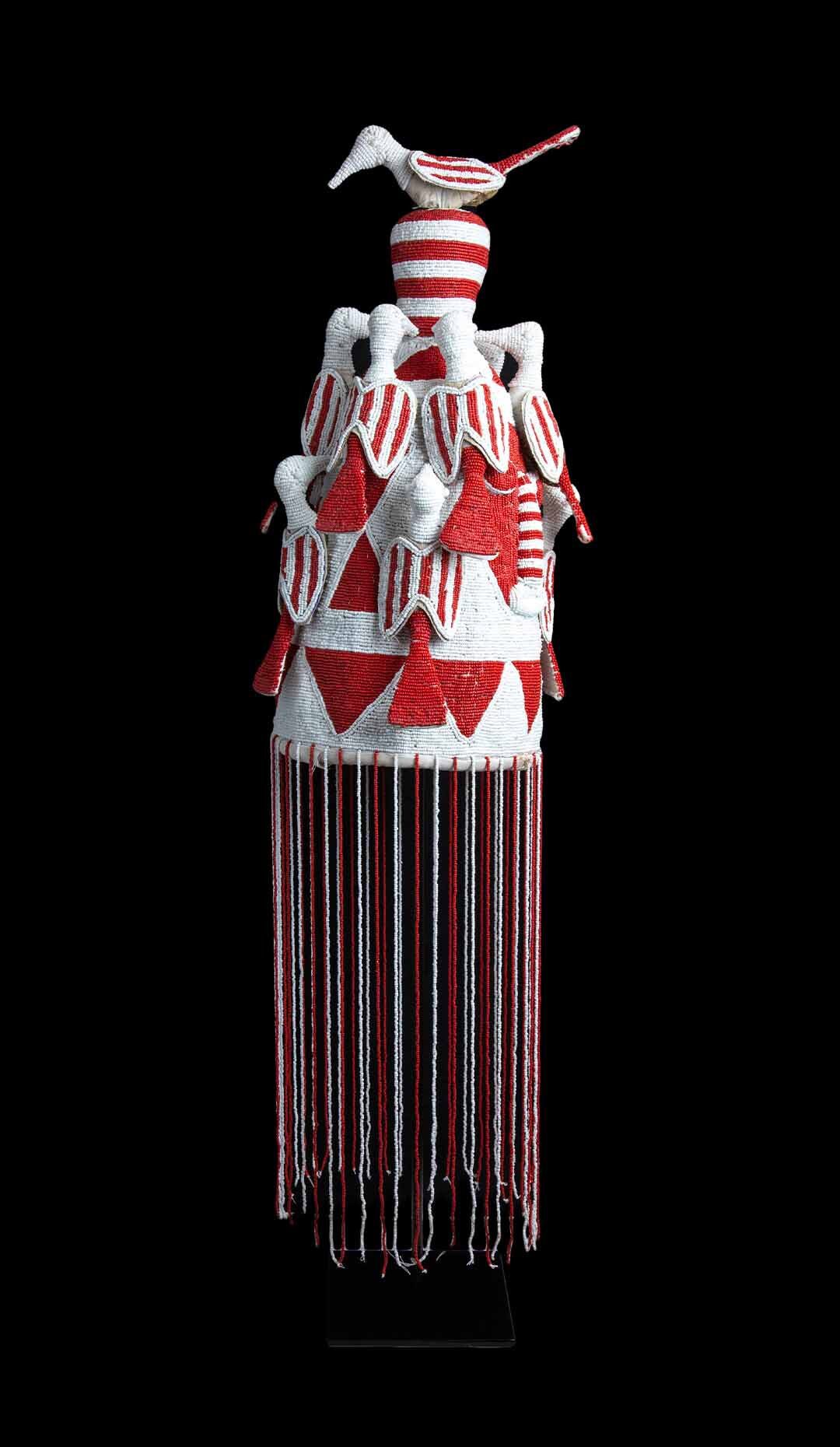 Beaded Ceremonial Headdress From Nigeria, Red and White