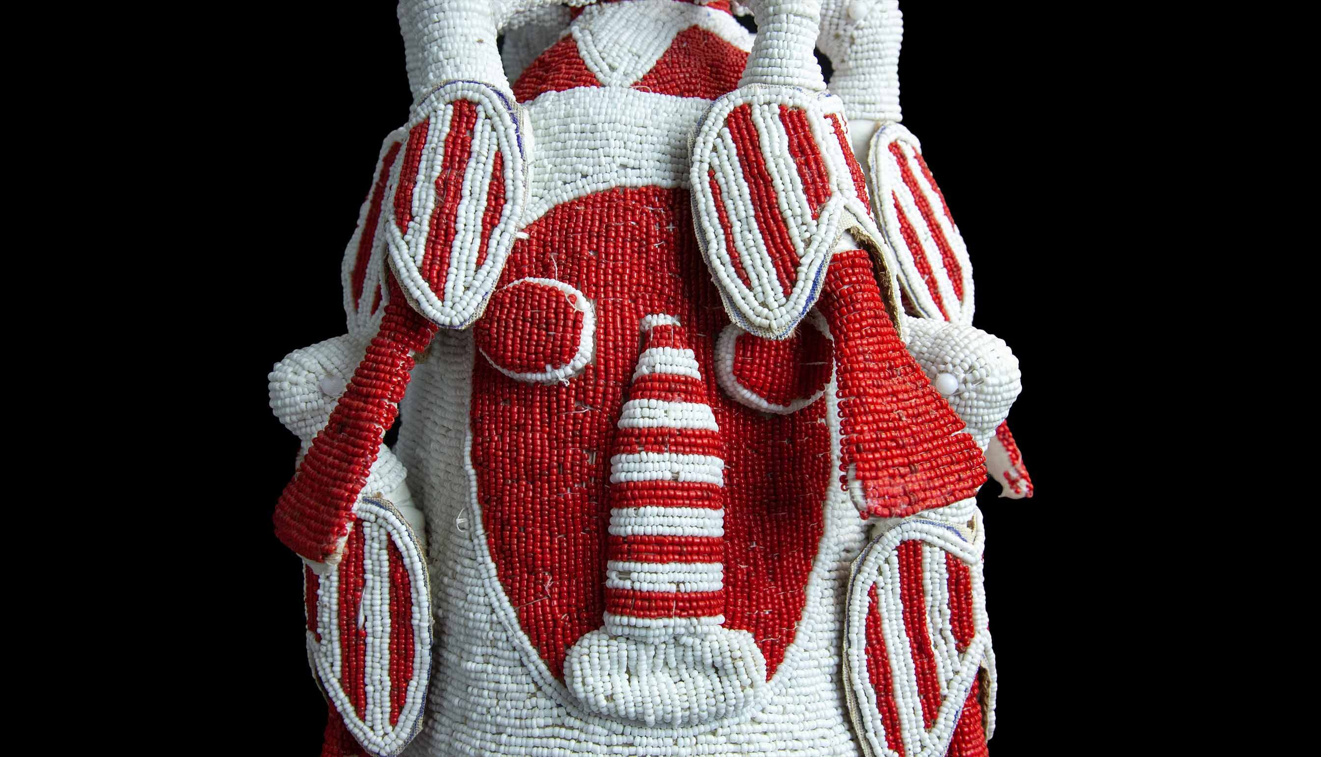 Beaded Ceremonial Headdress From Nigeria, Red and White