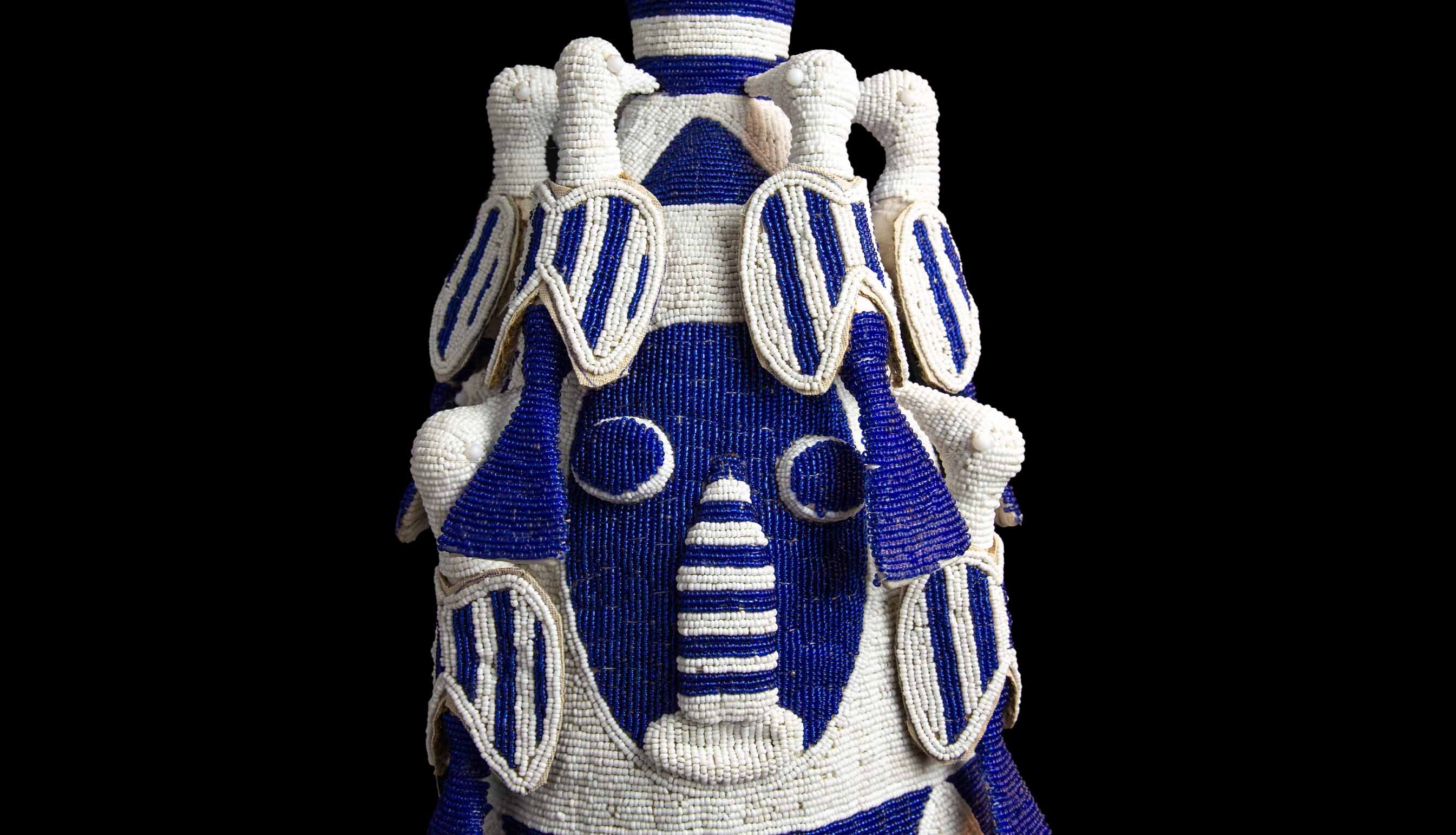 Beaded Ceremonial Headdress From Nigeria, Blue and White