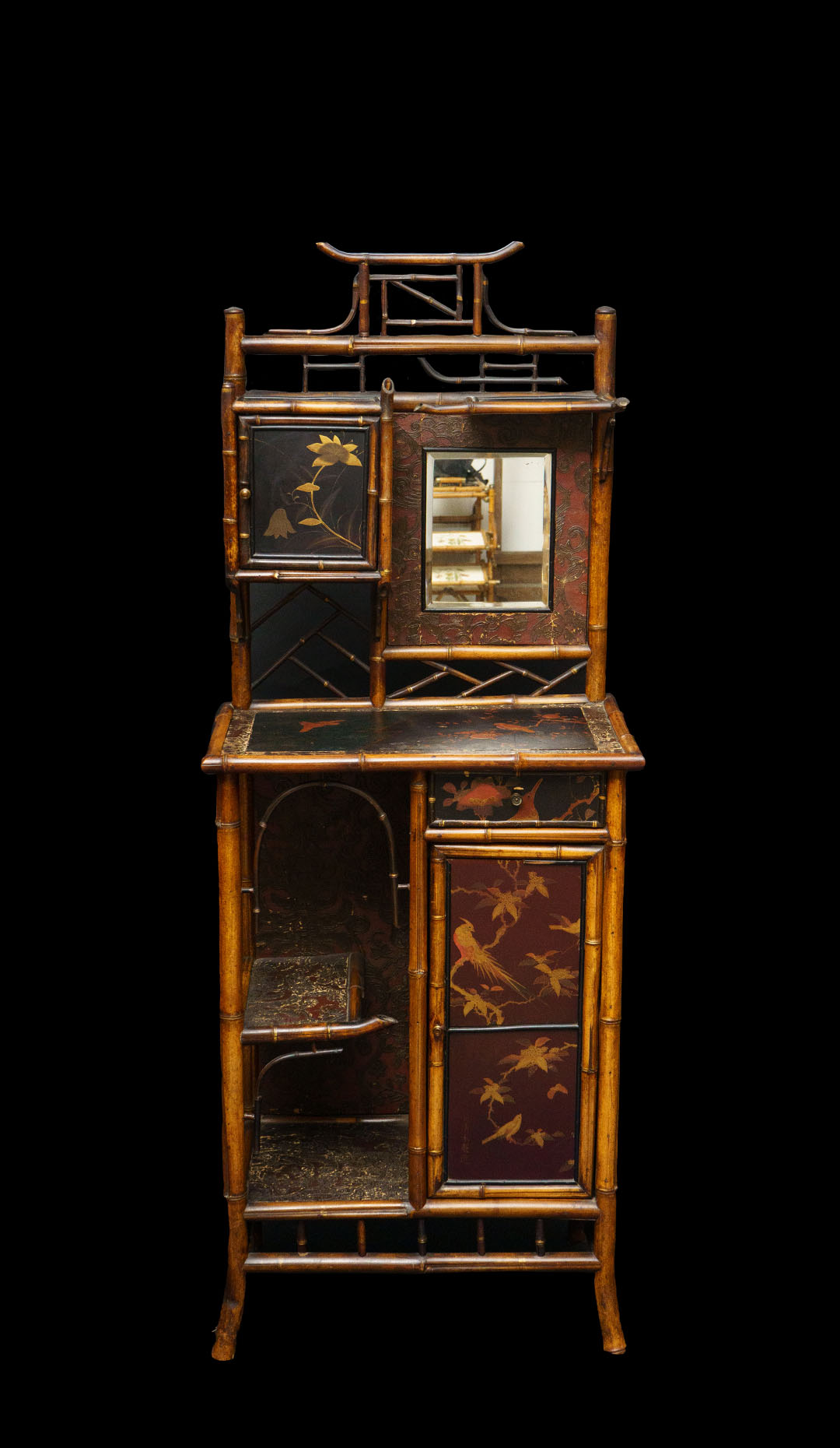 Bamboo Etagere Cabinet with Embossed leather and Painted Panels