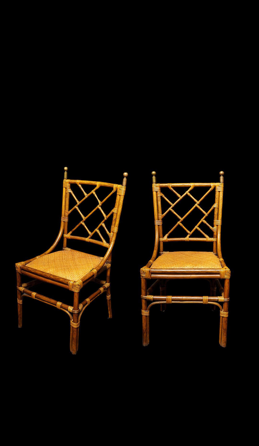 Pair of Mid Century French Rattan Brass Side Chairs