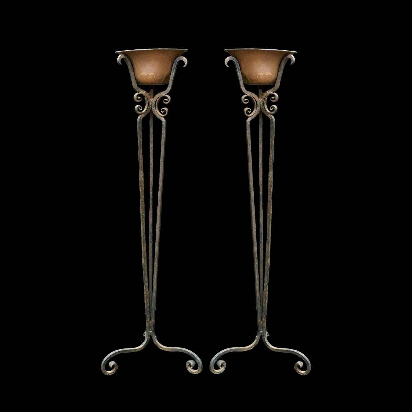 Torchiere Plant Stands Copper Inserts on Wrought Iron