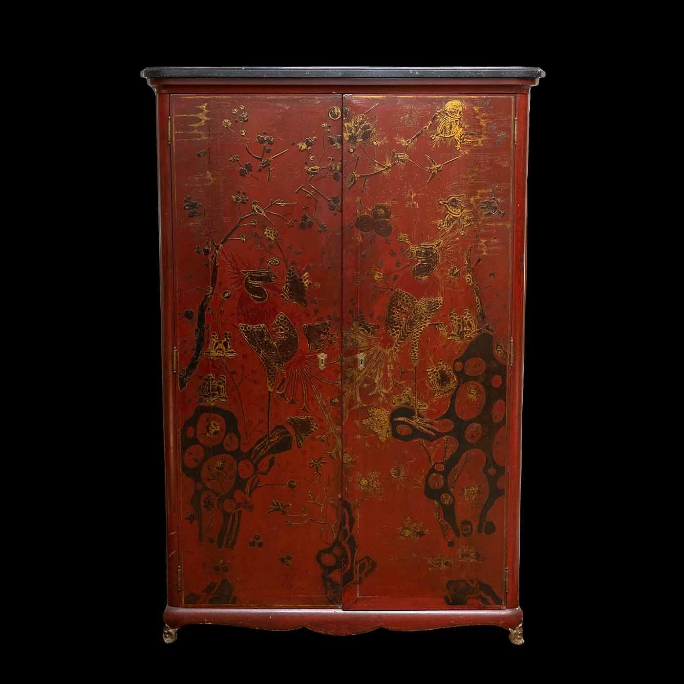 Red Lacquer Armoire With Brass Feet