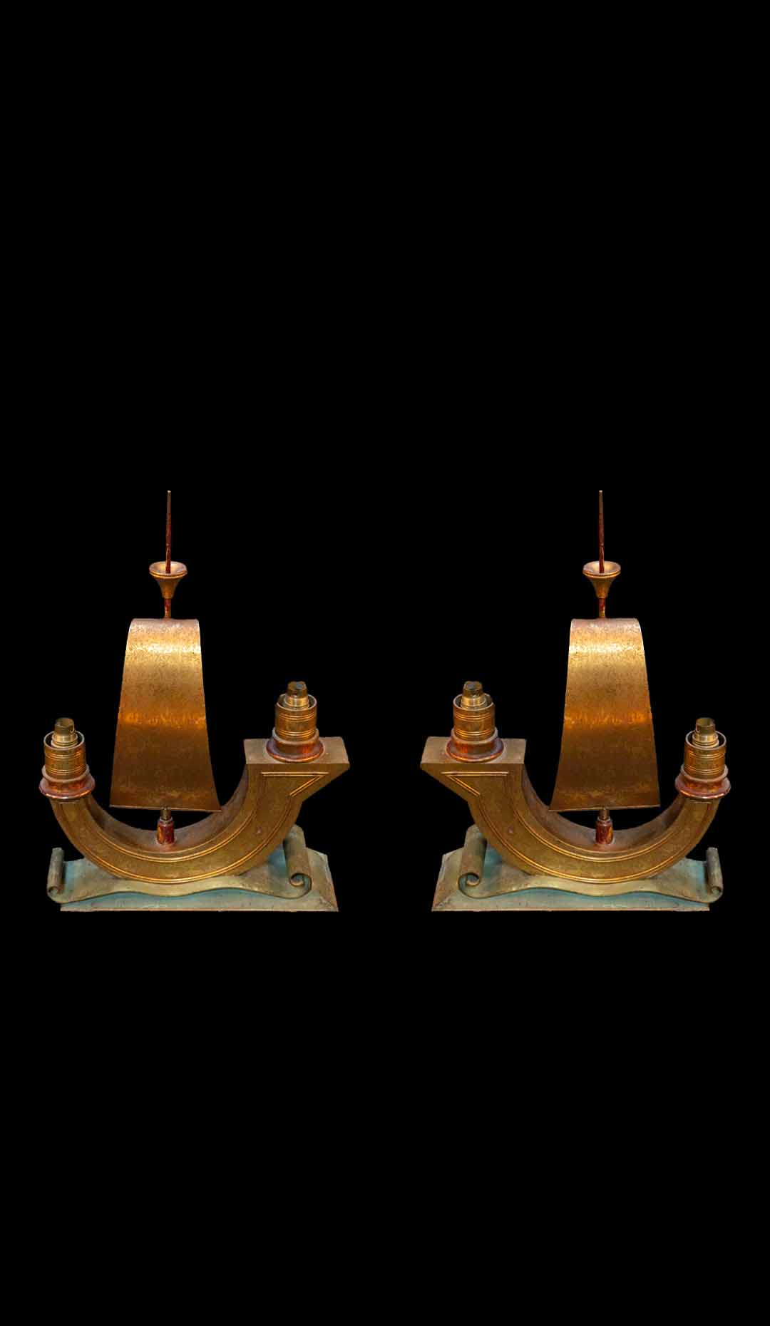 1940’s French Bronze Galleon Ship Lamps, Pair