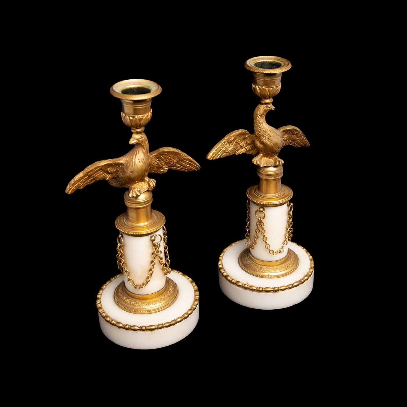 White Marble and Gilt Candle Sticks, Pair