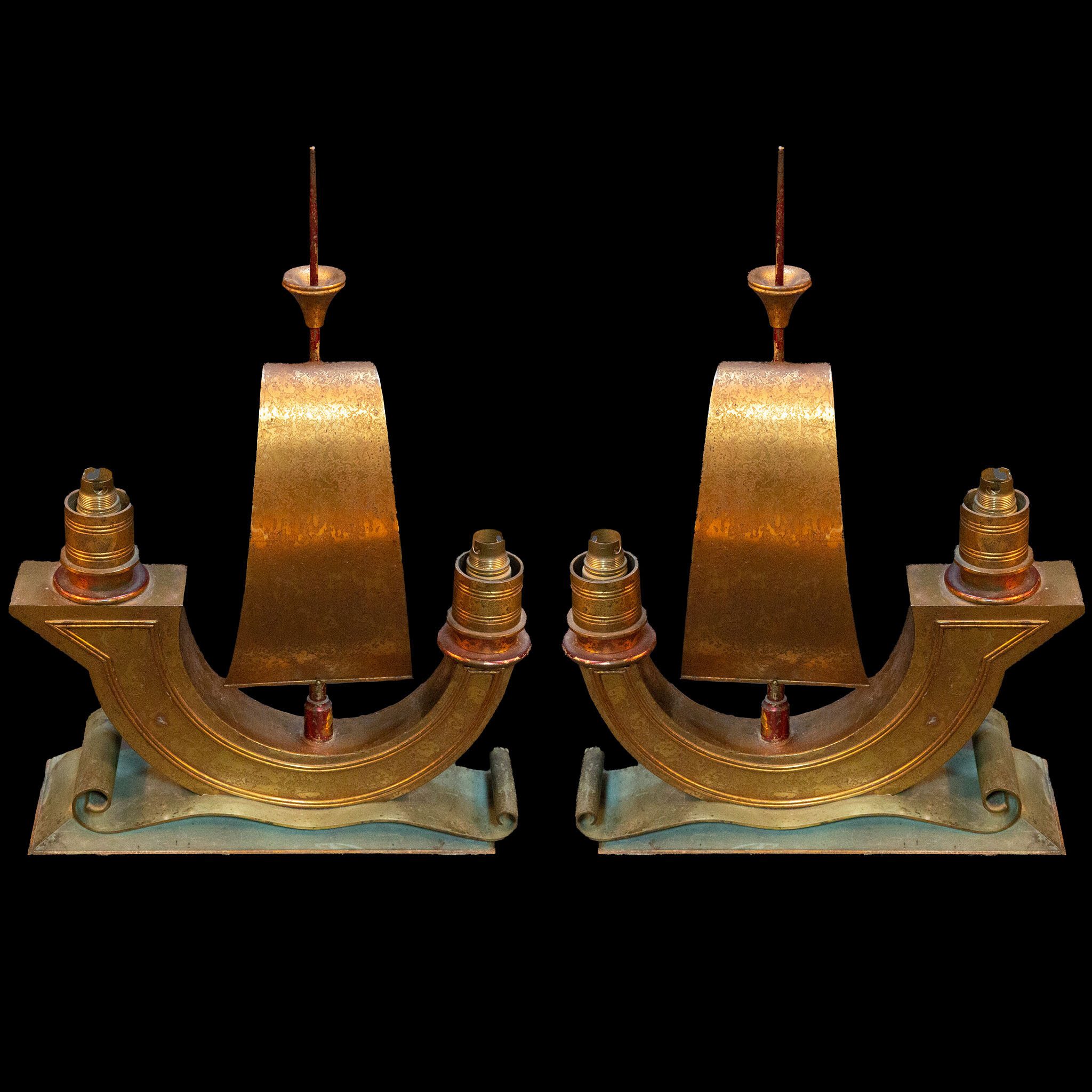 1940's French Bronze Galleon Ship Lamps