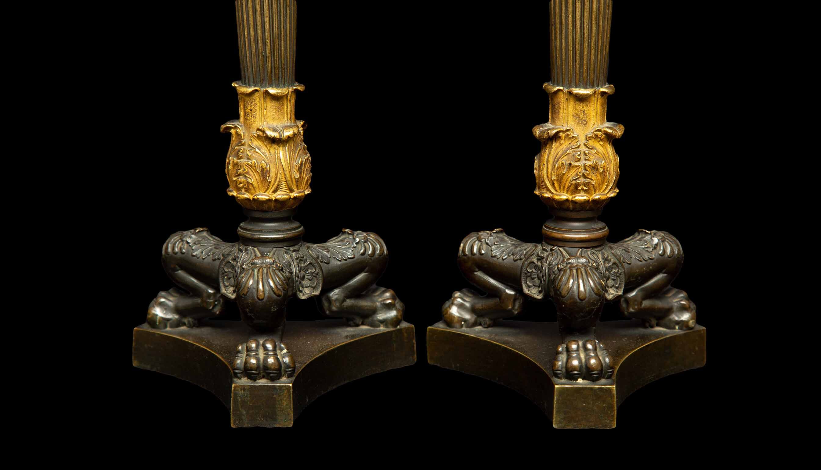 French Bronze Lions Paw Candle Sticks