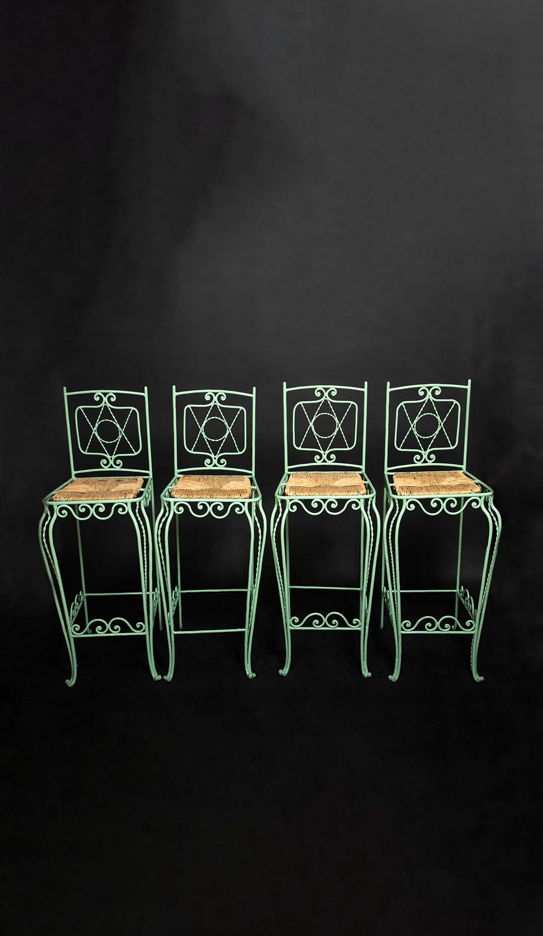 Four Green Painted Metal Bar Stools