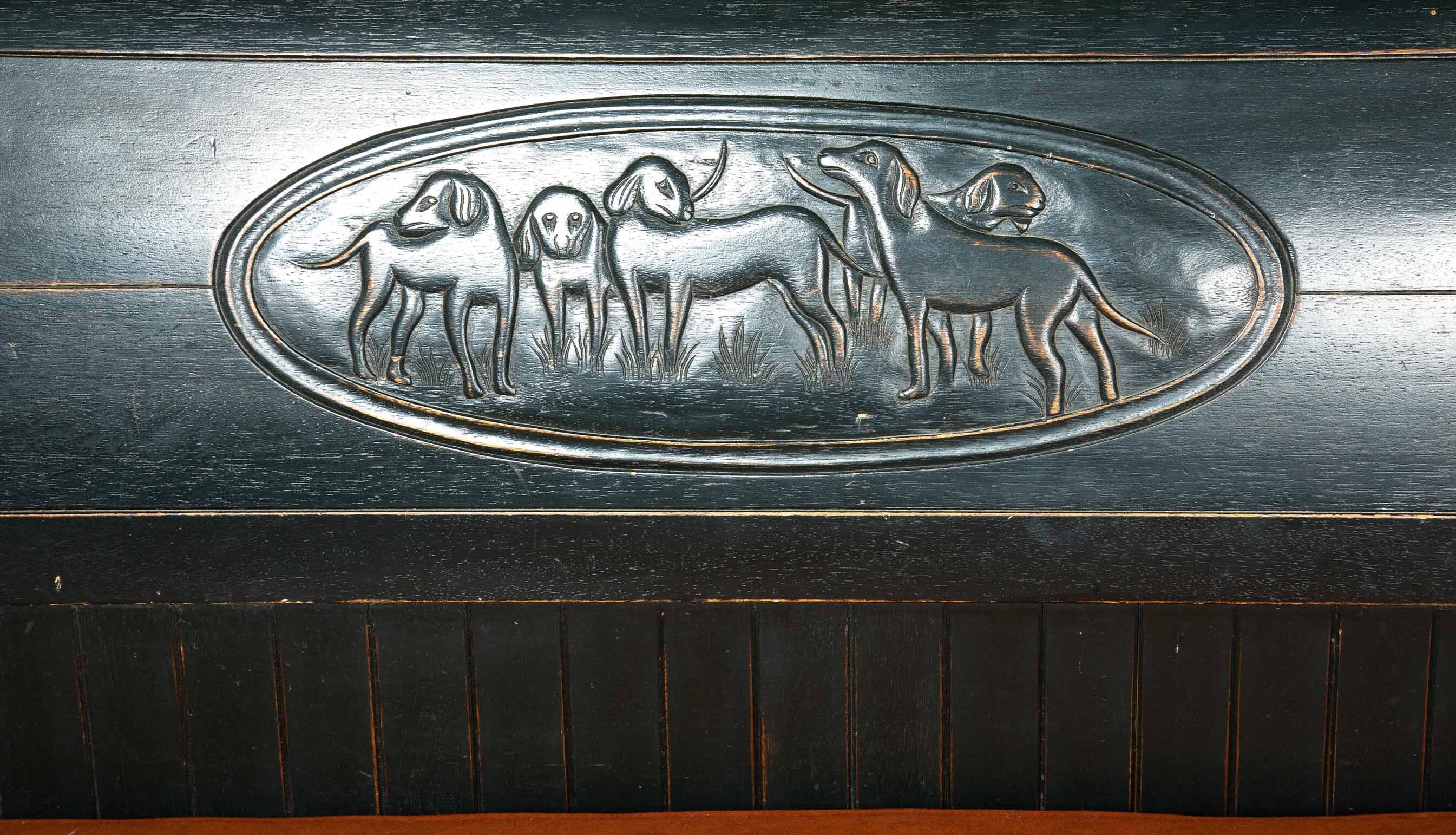 Painted Black Bench With Carved Dog Hunting Group
