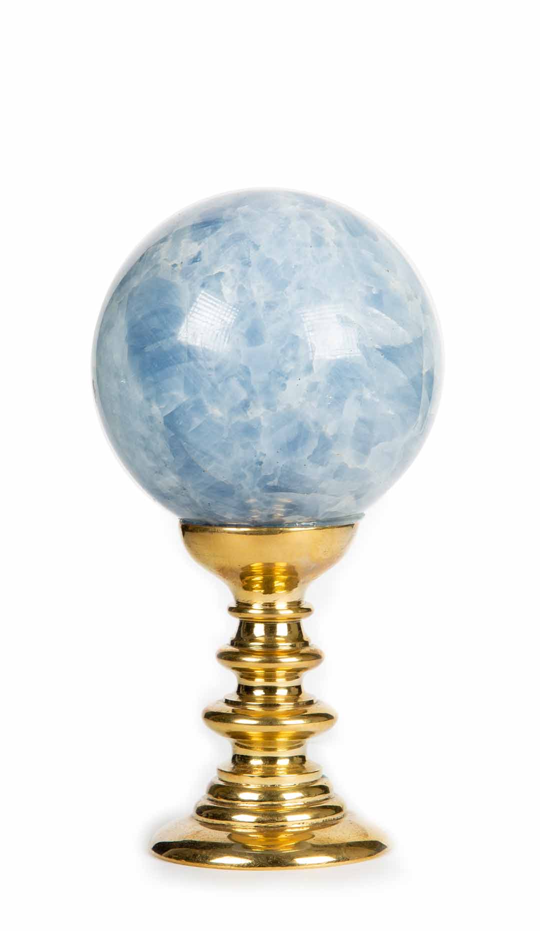 Blue Calcite Sphere Mounted on Brass Base