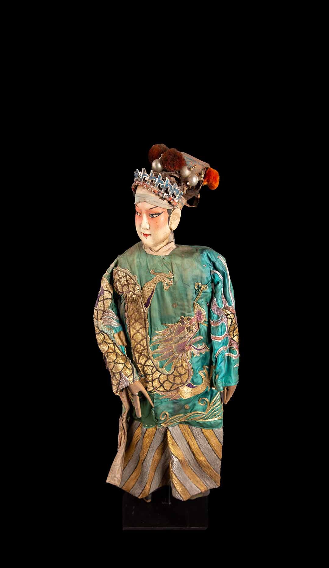Chinese Opera Theatre Marionette, Green Silk Robe, Pink Pom Poms