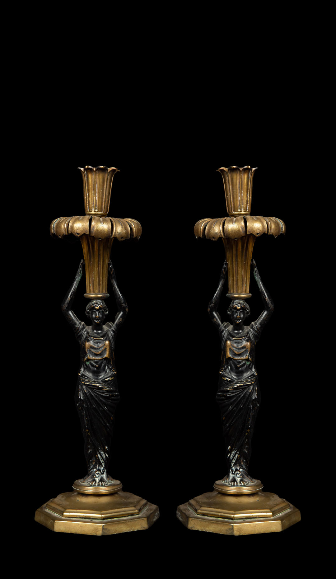 Early 20th Century Neoclassical Style Brass Patinated Caryatid Candlestick, Pair